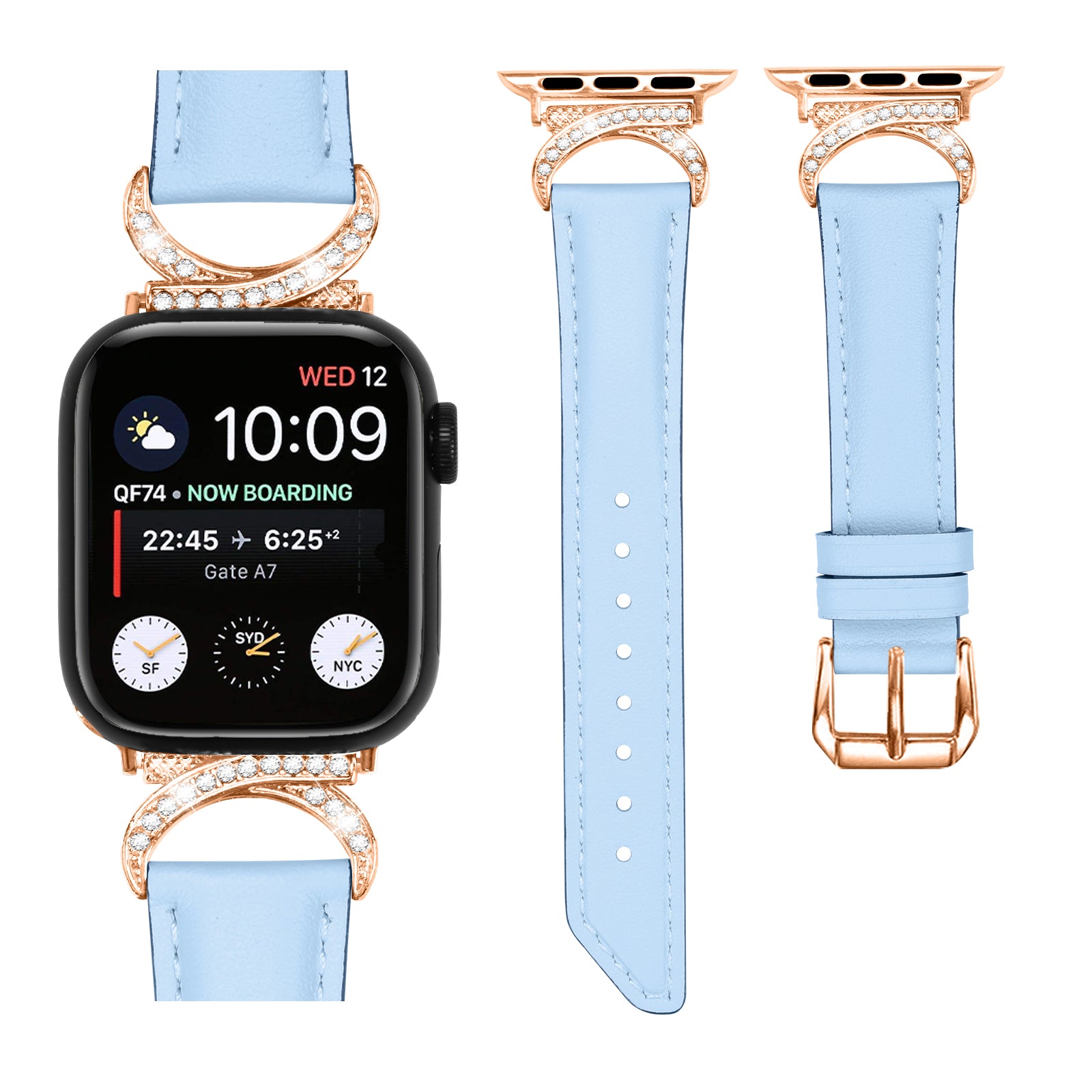 Luxury rose gold smartwatch with light blue leather band featuring diamond-encrusted lugs and rose gold buckle