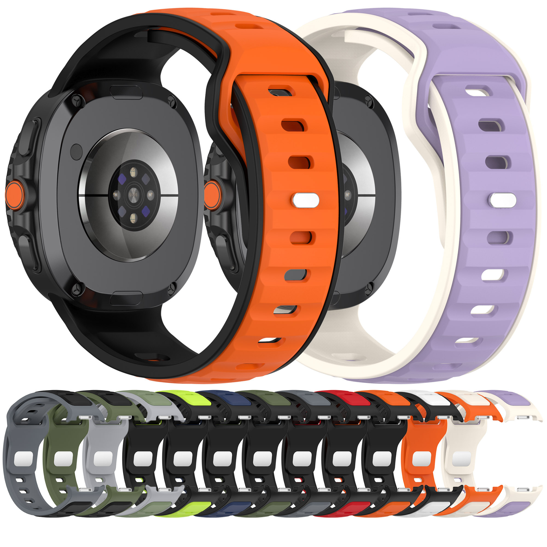 Galaxy Watch 8 two-tone silicone bands in orange, cream, and purple with smartwatch showing multi-color strap options
