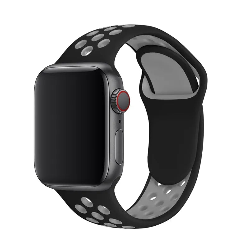 Black and gray sports silicone band for Apple Watch with perforated ventilation holes and red digital crown