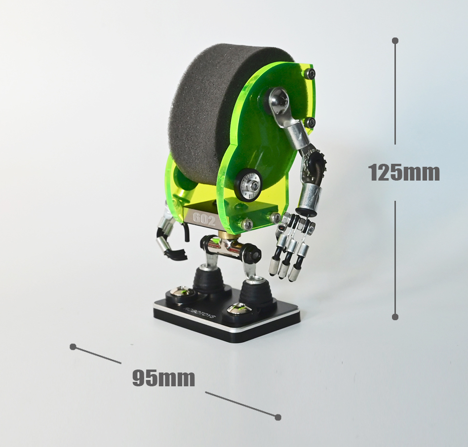 Neon green Minibot robotic watch stand with 125mm height and articulated arms, display dimensions shown