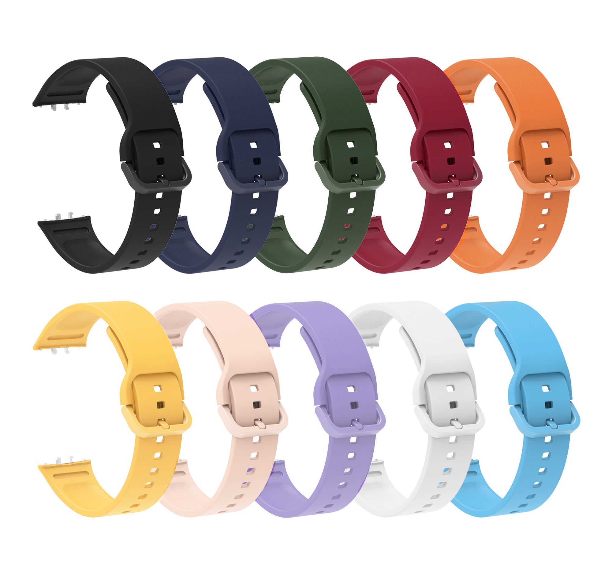 Colorful silicone smartwatch bands in black, navy, green, burgundy, orange, yellow, pink, purple, white and blue with quick-release buckles