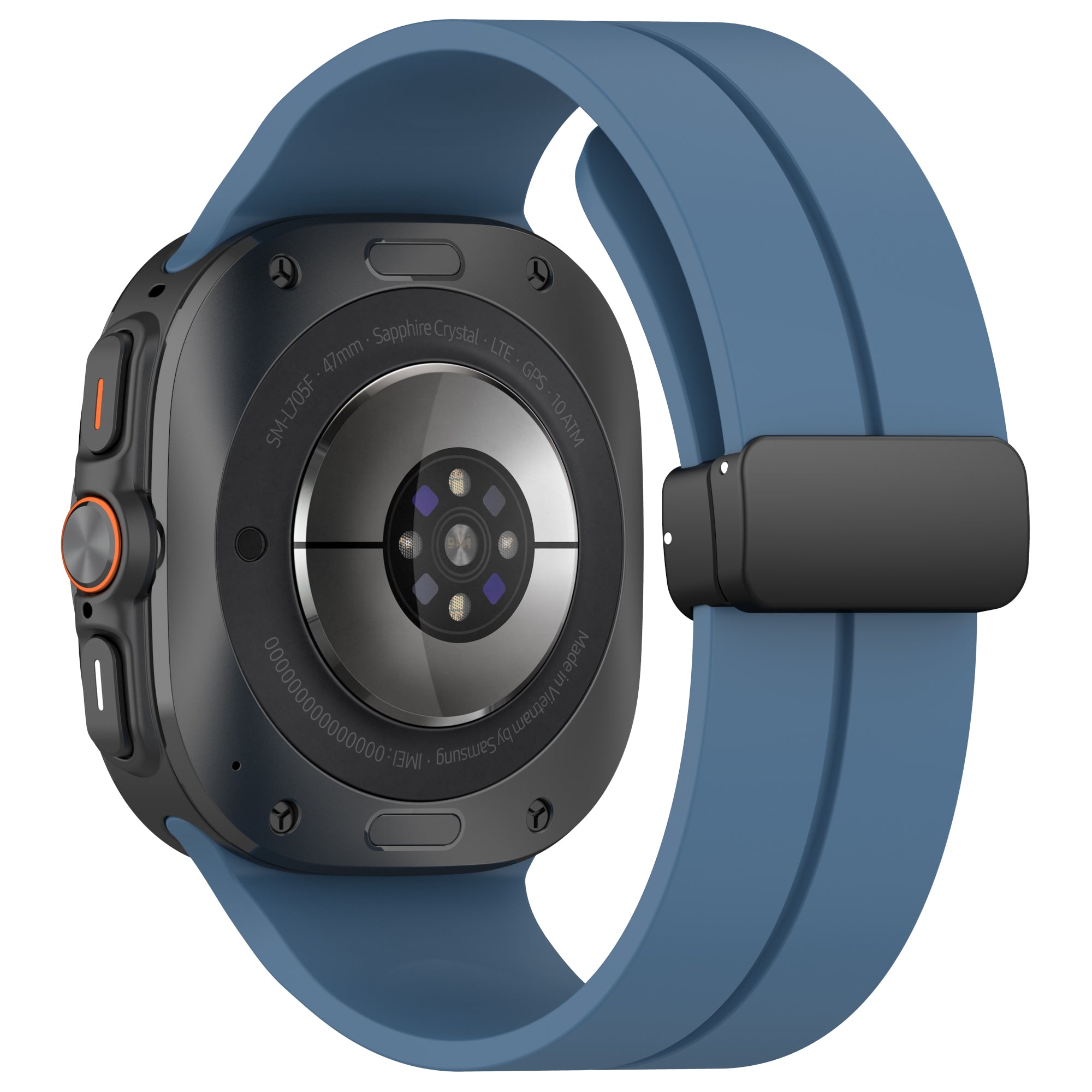 Galaxy Watch Ultra with blue magnetic silicone band and deployant clasp, showing sapphire crystal display and black stainless steel case