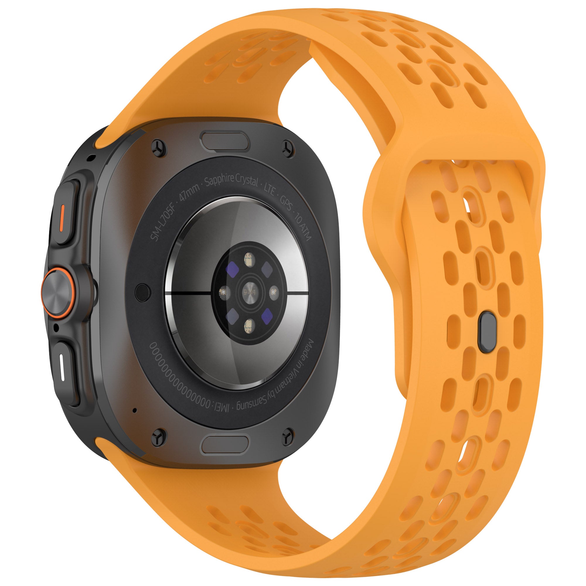 Smartwatch with black titanium case, sapphire crystal display, and orange perforated silicone sport band with digital crown and physical buttons