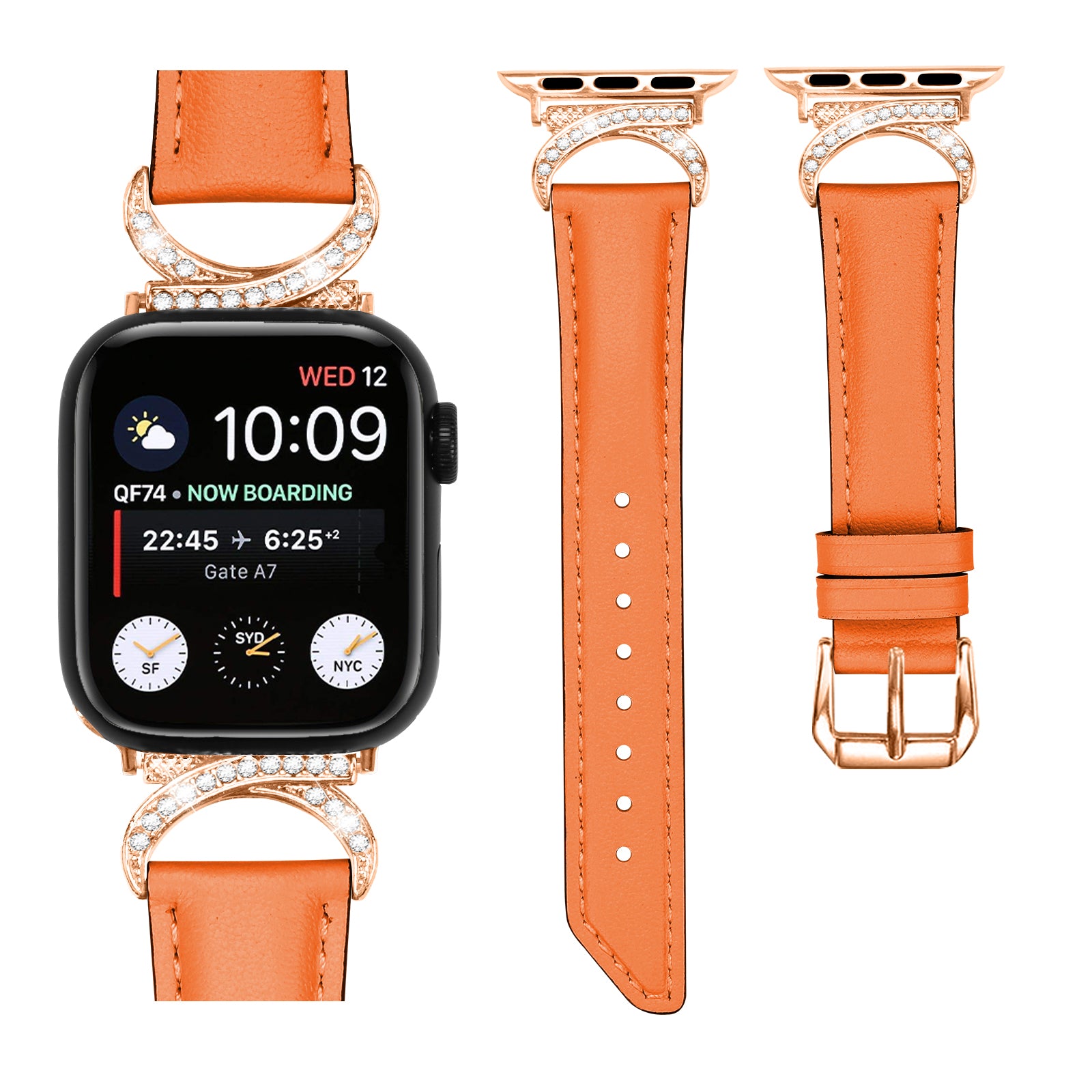 Luxury orange leather smartwatch band with rose gold diamond-studded connectors and rose gold buckle for Apple Watch