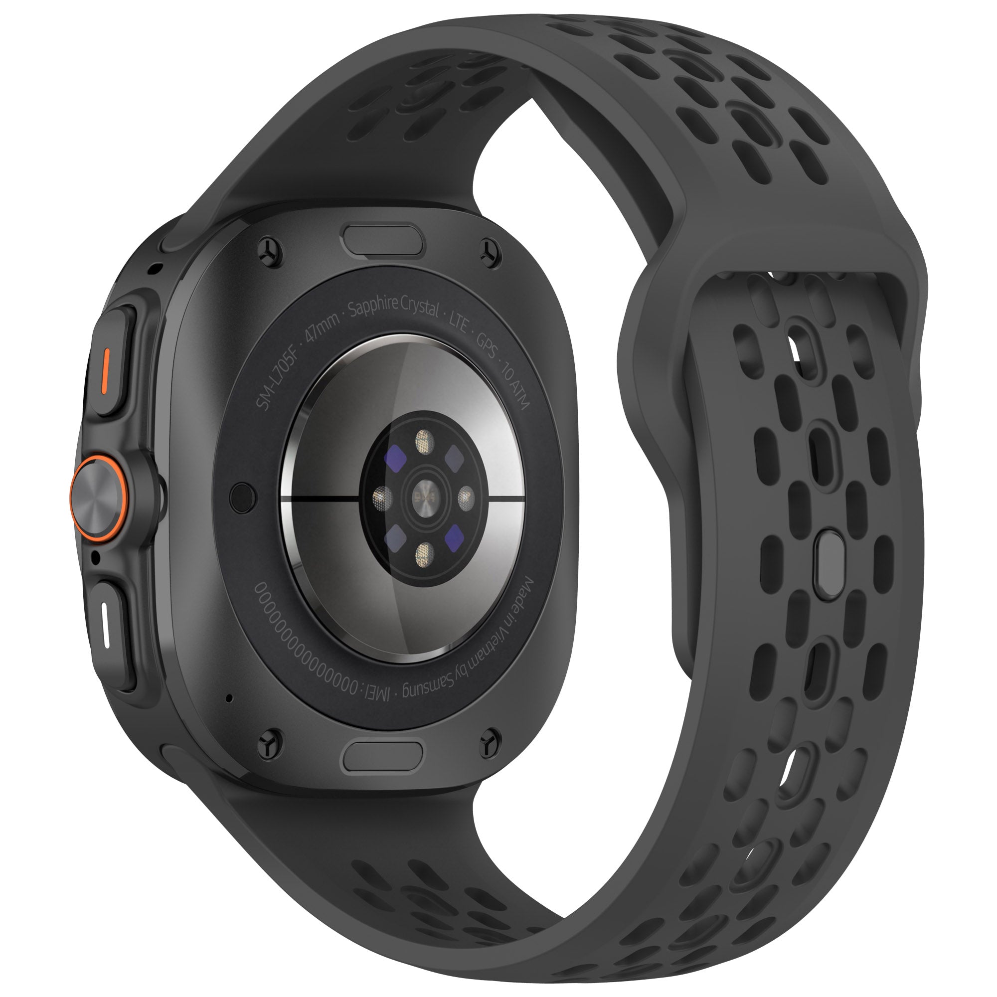 Black Galaxy Watch Ultra with perforated Aero silicone sport band, sapphire crystal display, and orange accent buttons