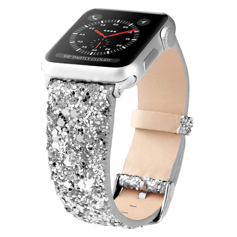 Silver glitter smartwatch band with beige leather backing and metal connector compatible with Apple Watch