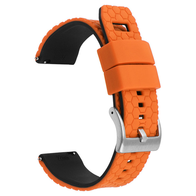 Orange silicone watch band with hexagon pattern, quick release mechanism, and black inner lining with silver buckle