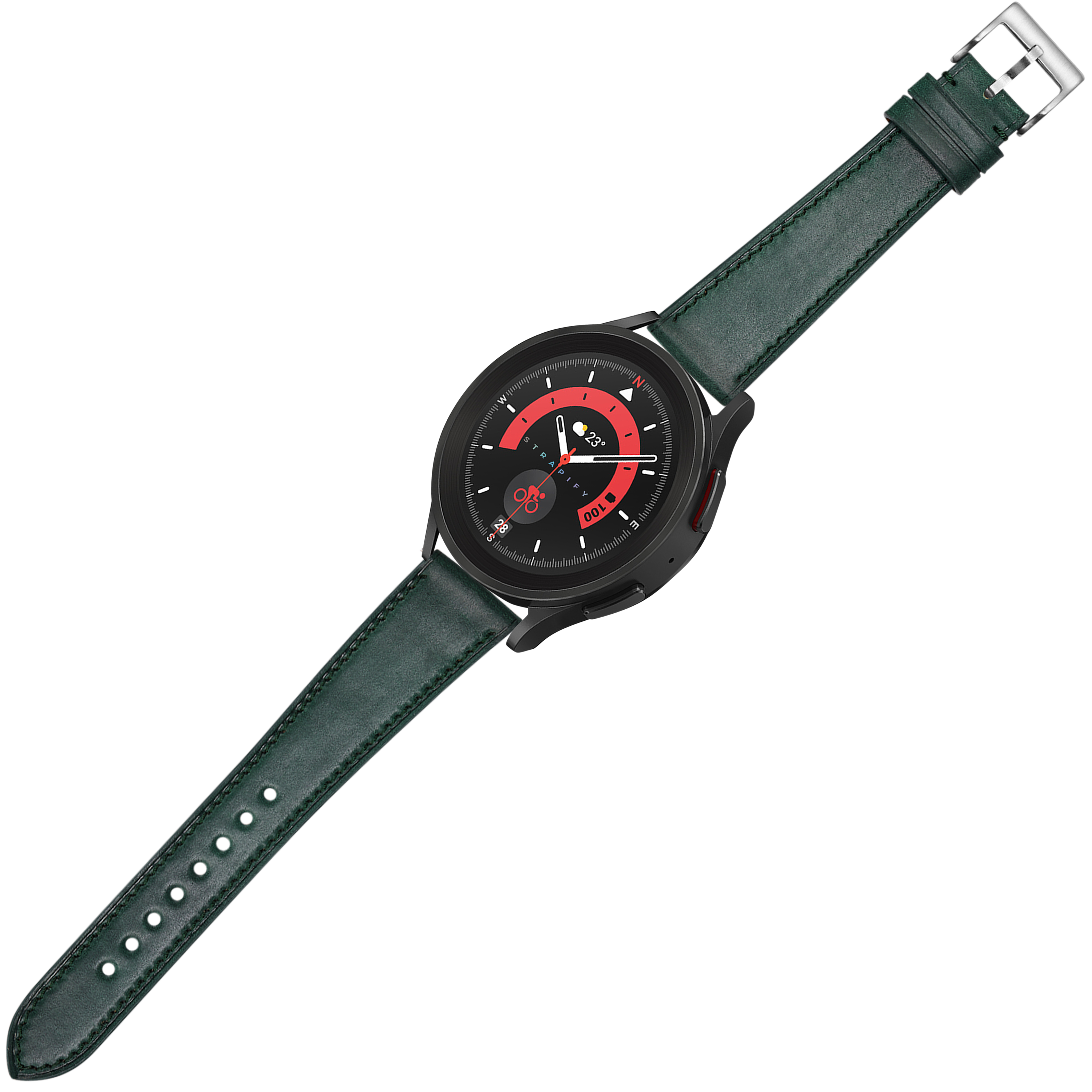 Black sports watch with red dial accent and green leather quick release strap, modern design with silver buckle