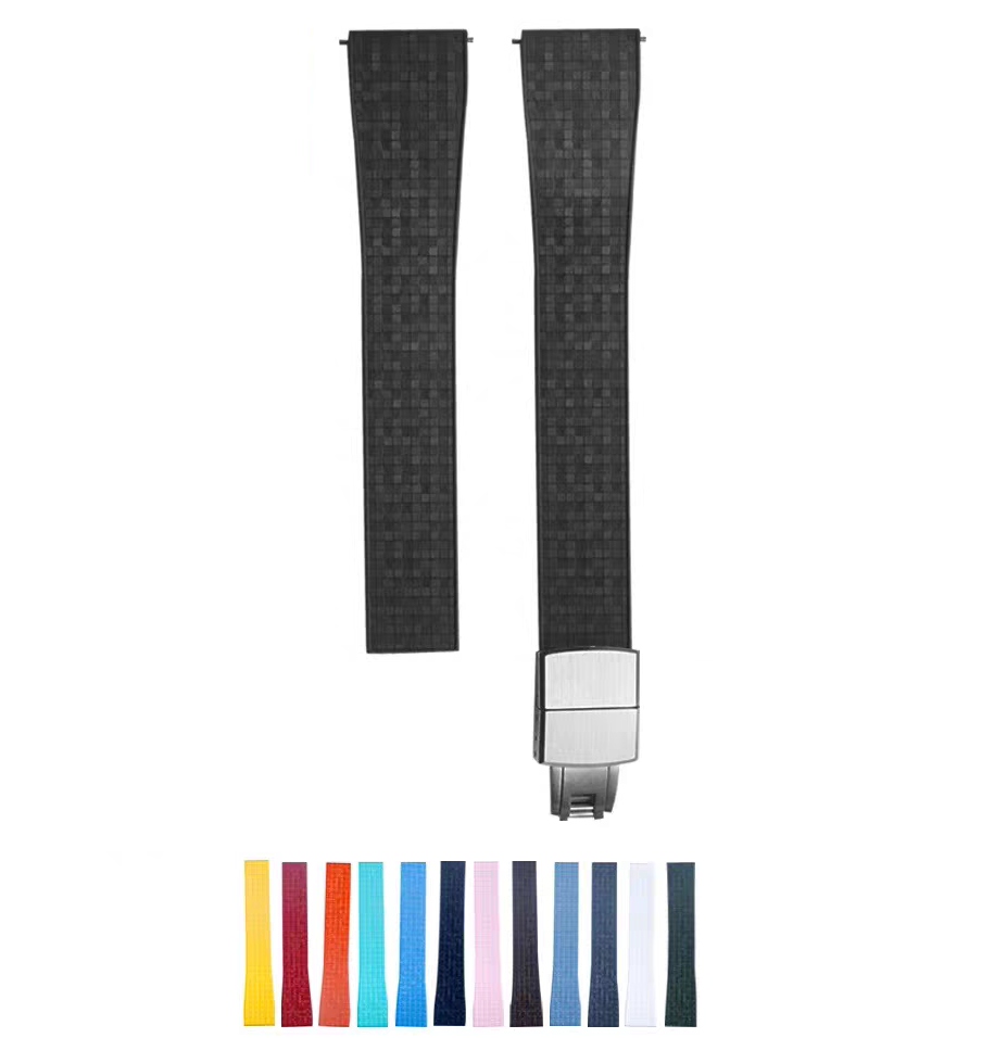 Black mosaic FKM rubber quick release watch strap 16mm with stainless steel leaf-spring deployant clasp and color swatches