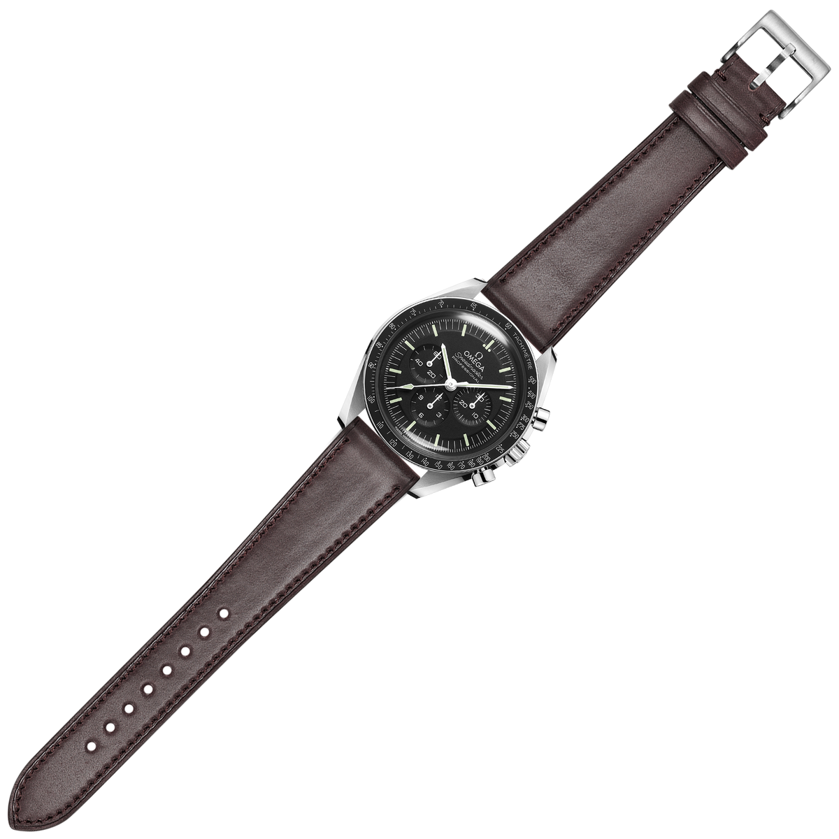 Classic chronograph watch with black dial, stainless steel case, and dark brown leather strap with buckle