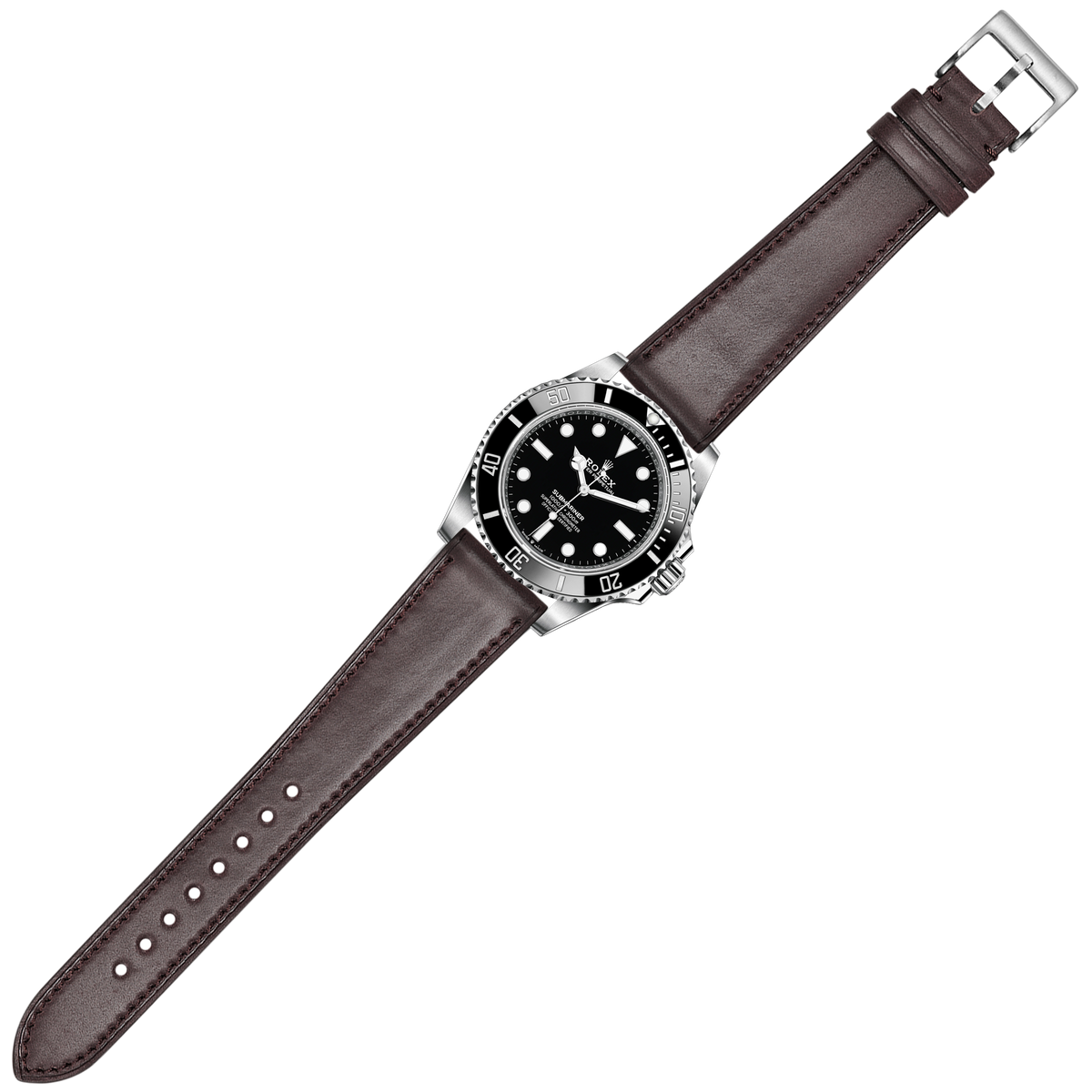 Stainless steel dive watch with black dial and rotating bezel on brown leather strap with buckle
