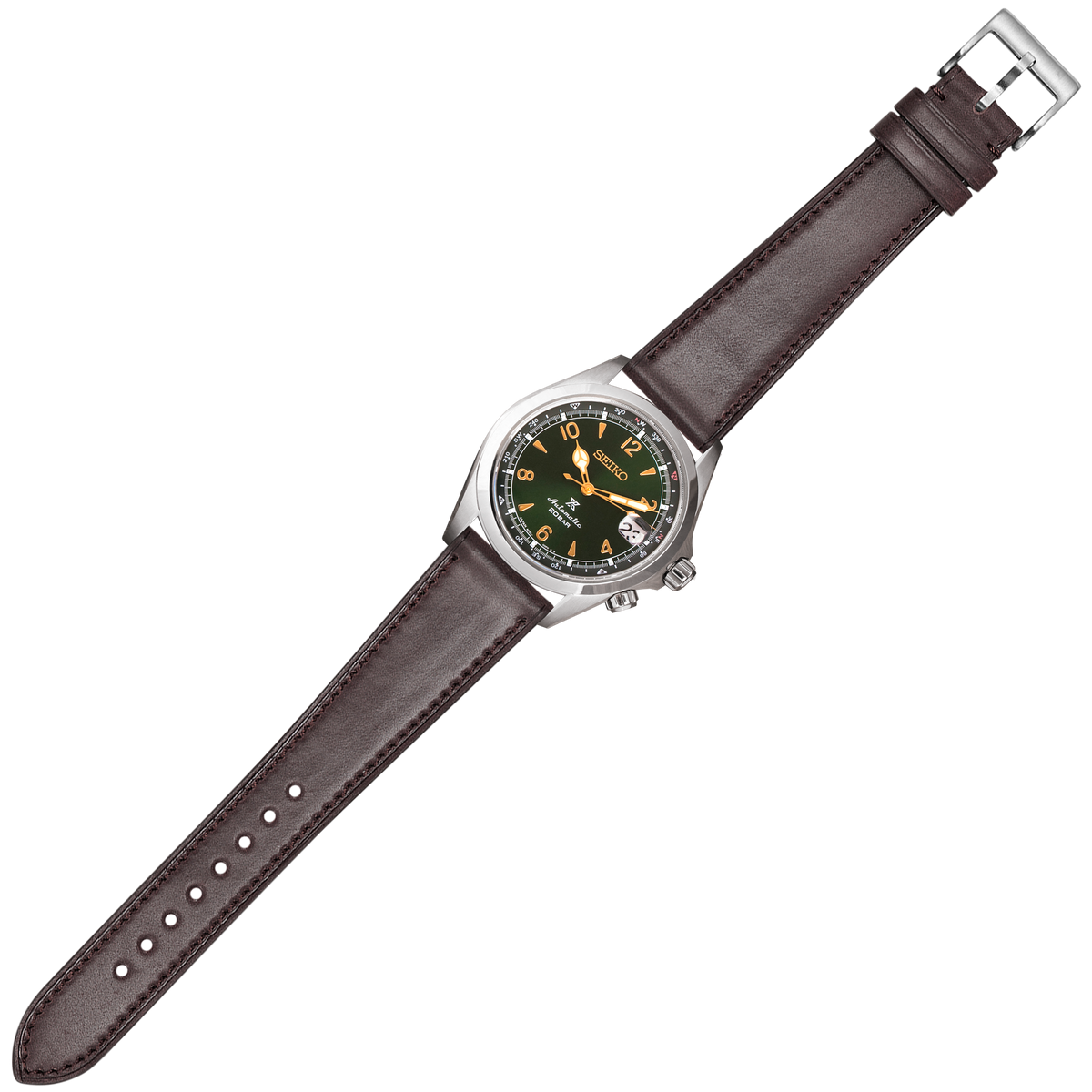 Seiko Prospex automatic watch with dark green dial, orange hands, brown leather strap and steel buckle