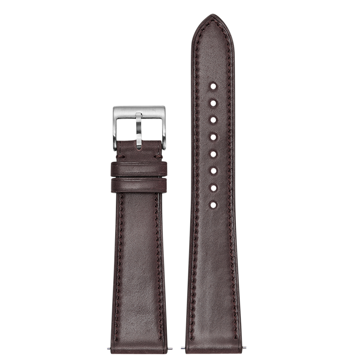 Dark brown leather watch band with silver buckle, featuring white stitching and adjustment holes