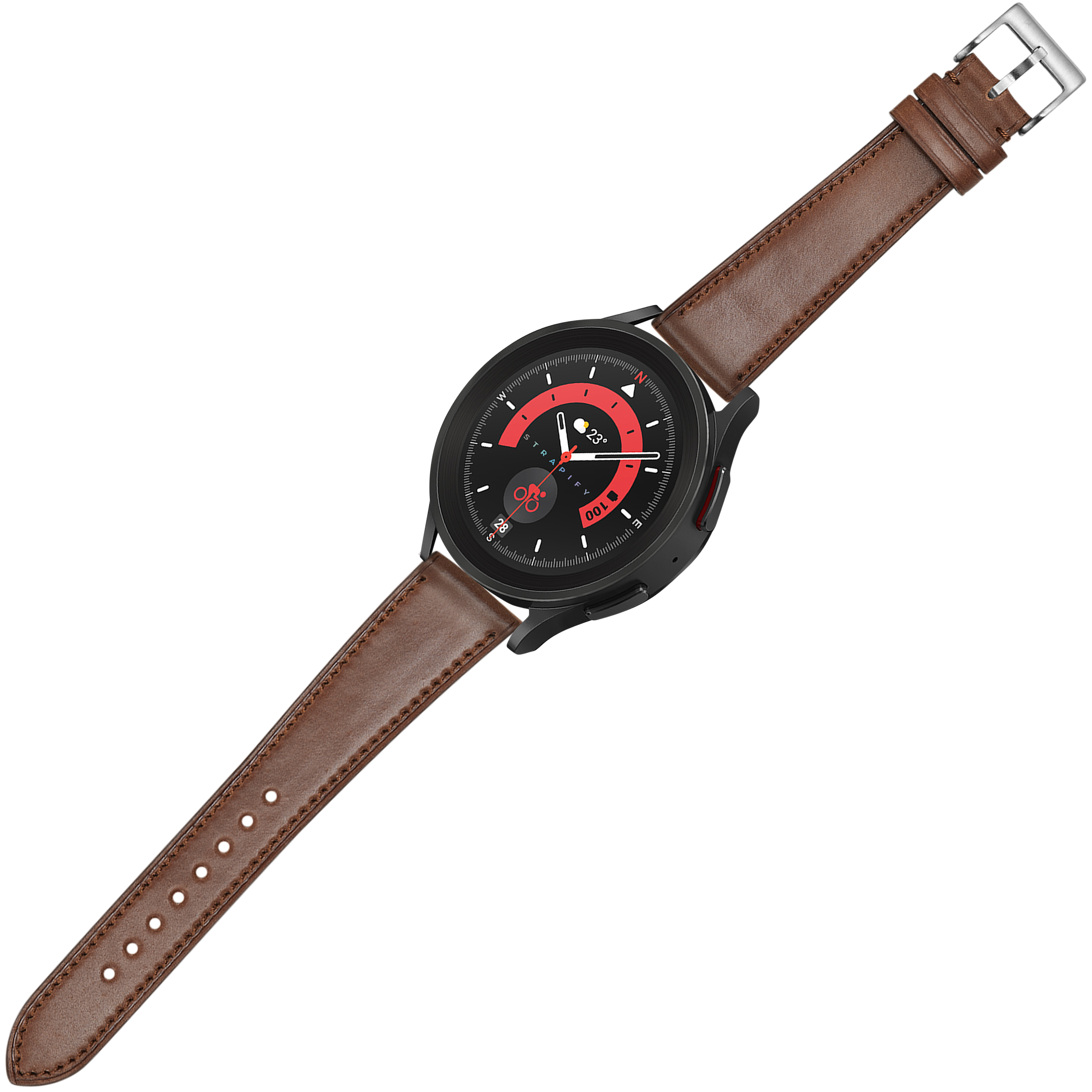 Black smartwatch with red dial, brown leather Horween Shell Cordovan strap and quick release buckle