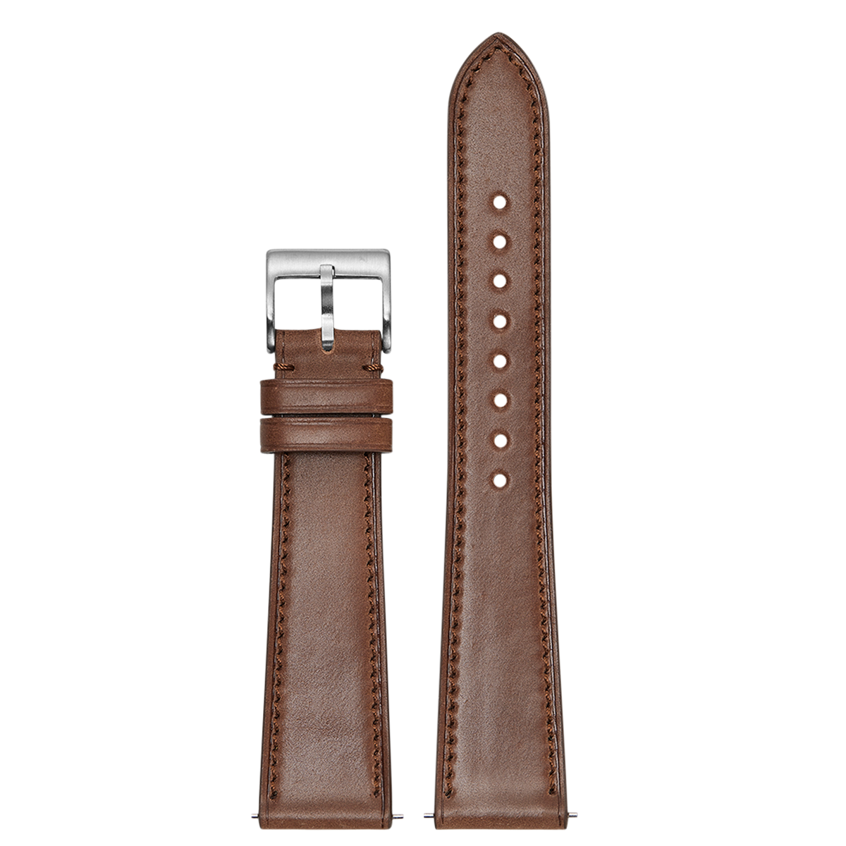 Brown leather watch band with silver buckle and white stitching, shown assembled and unassembled