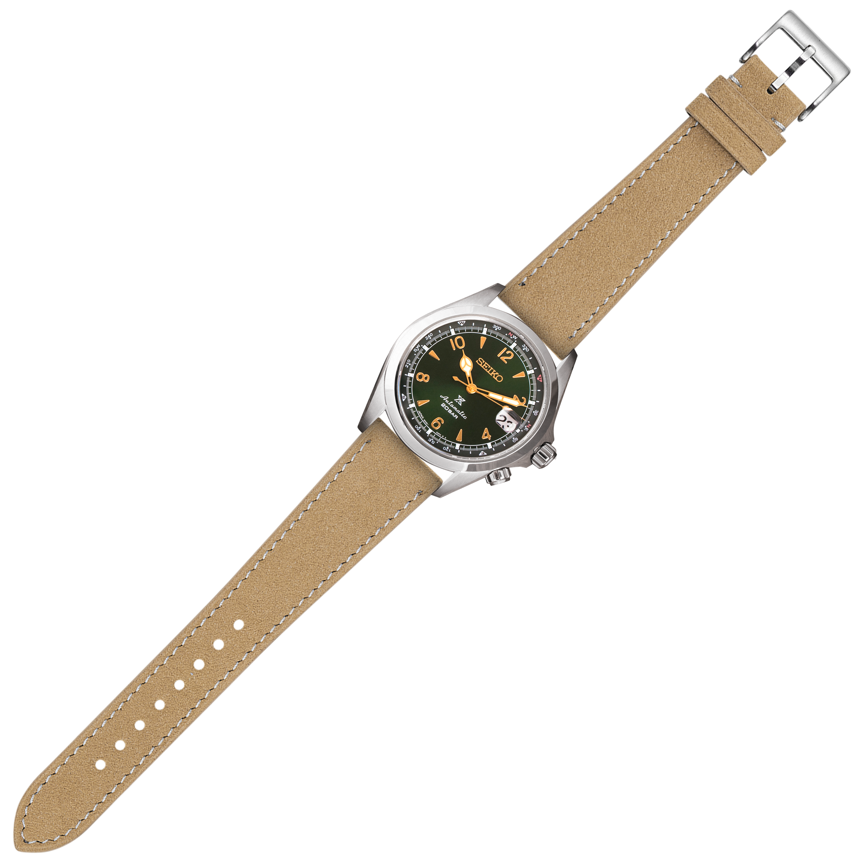 Seiko watch with stainless steel case, black dial with gold numerals, and brown Alcantara leather strap with white stitching and quick release buckle