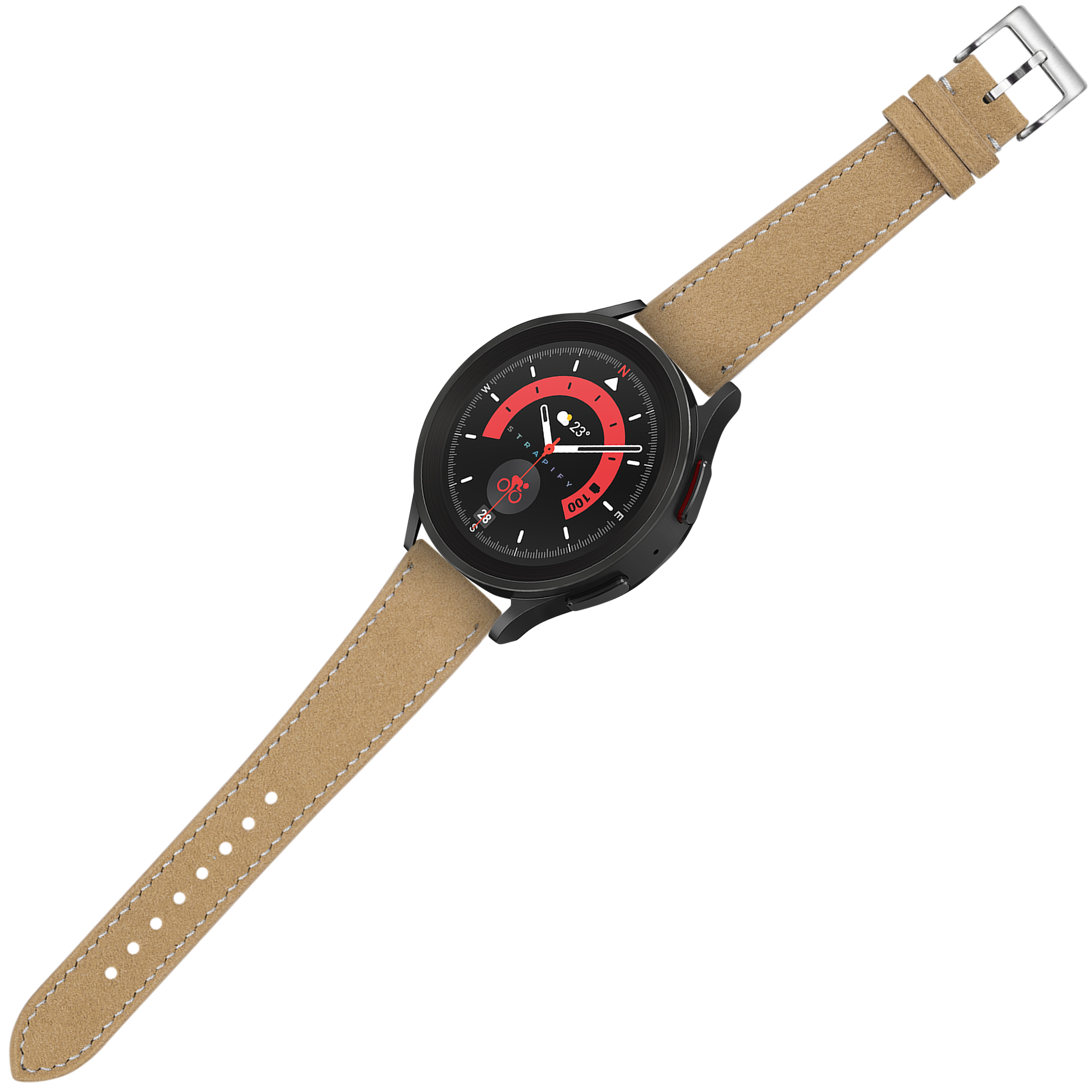 Black smartwatch with red dial and tan Alcantara leather strap with white stitching and quick release buckle