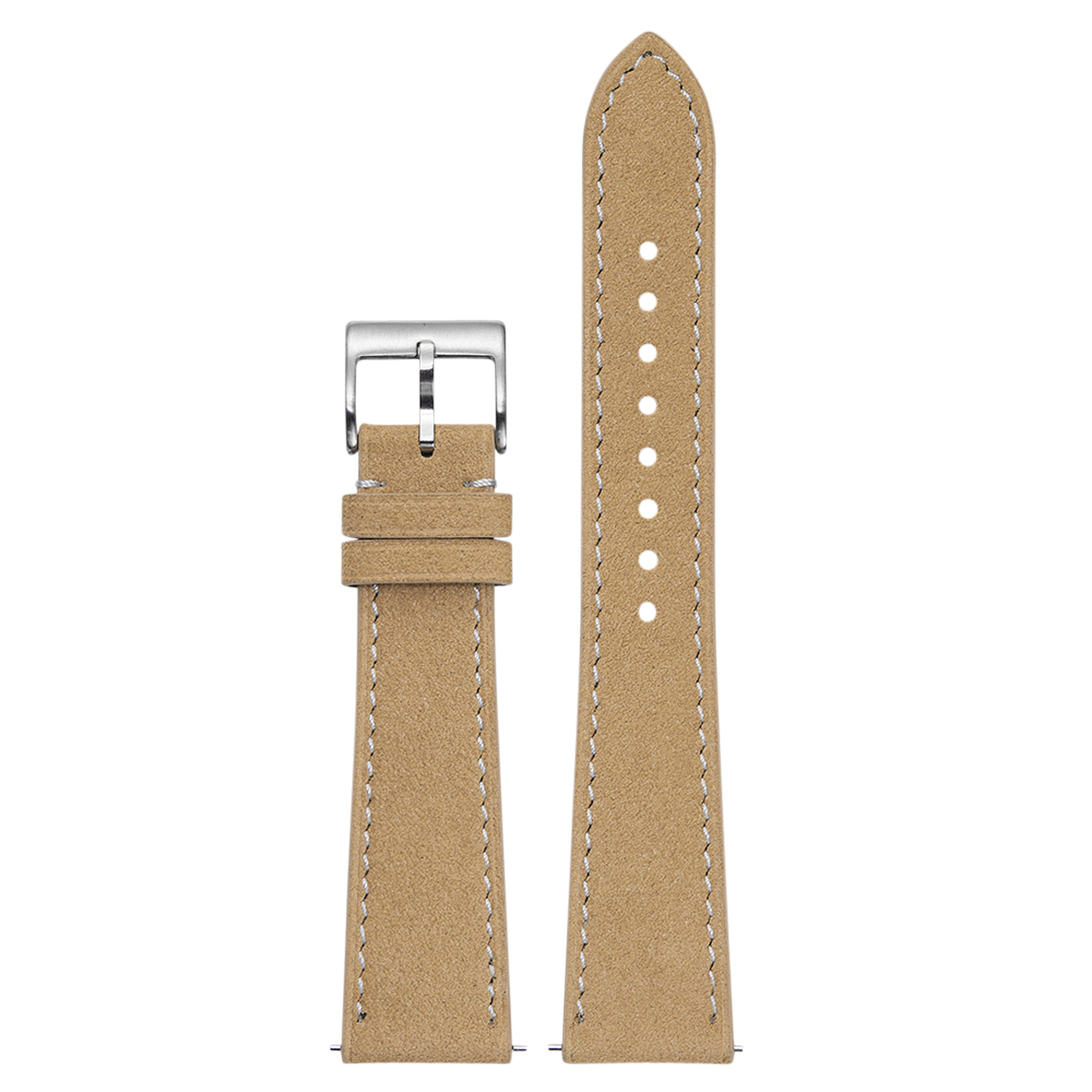 Tan Alcantara leather watch strap 20mm with white stitching, silver buckle and adjustment holes