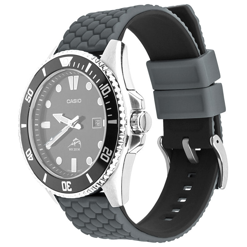 Casio dive watch with silver stainless steel case, black dial, and charcoal hexagon silicone quick-release band