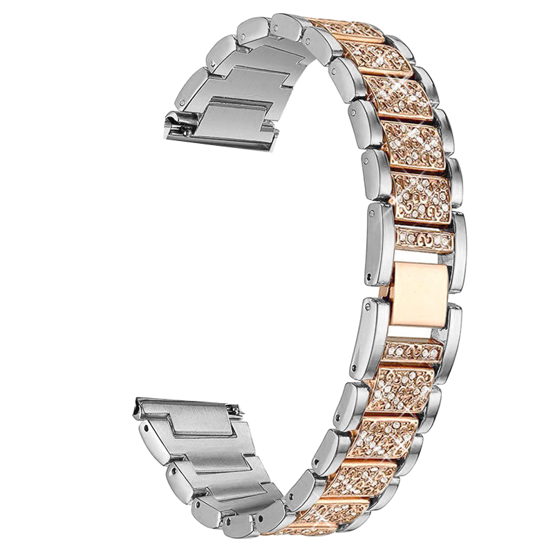 Two-tone rose gold and silver stainless steel watch band with cubic zirconia crystals and fold-over clasp for Fitbit Versa and Sense