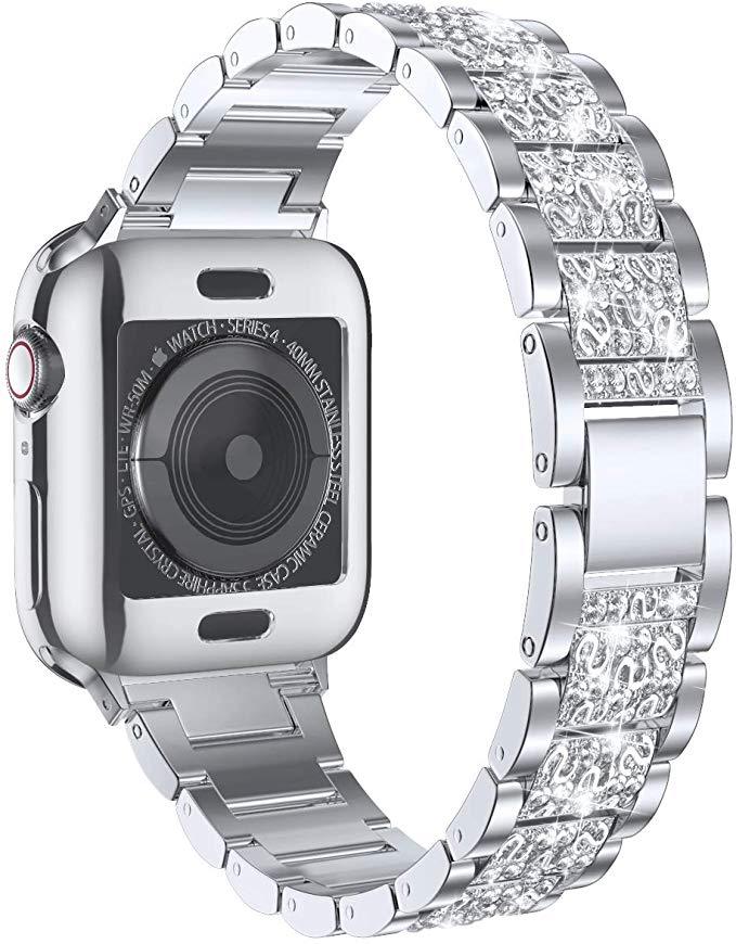 Silver smart watch with crystal-encrusted quick release bracelet band featuring cubic zirconia shimmer design