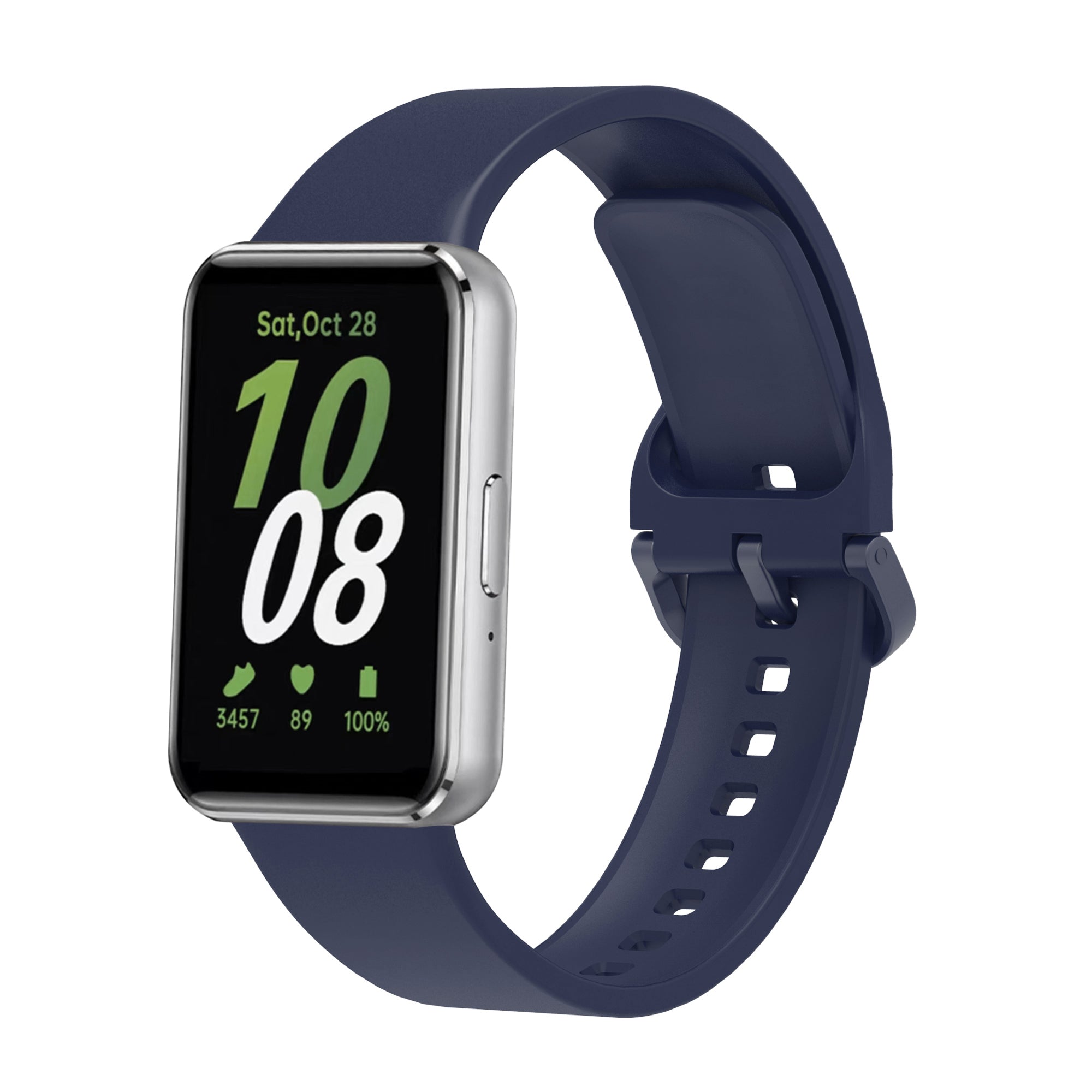 Galaxy Fit3 smartwatch with navy blue silicone band displaying time, date, steps, heart rate and battery percentage on AMOLED screen