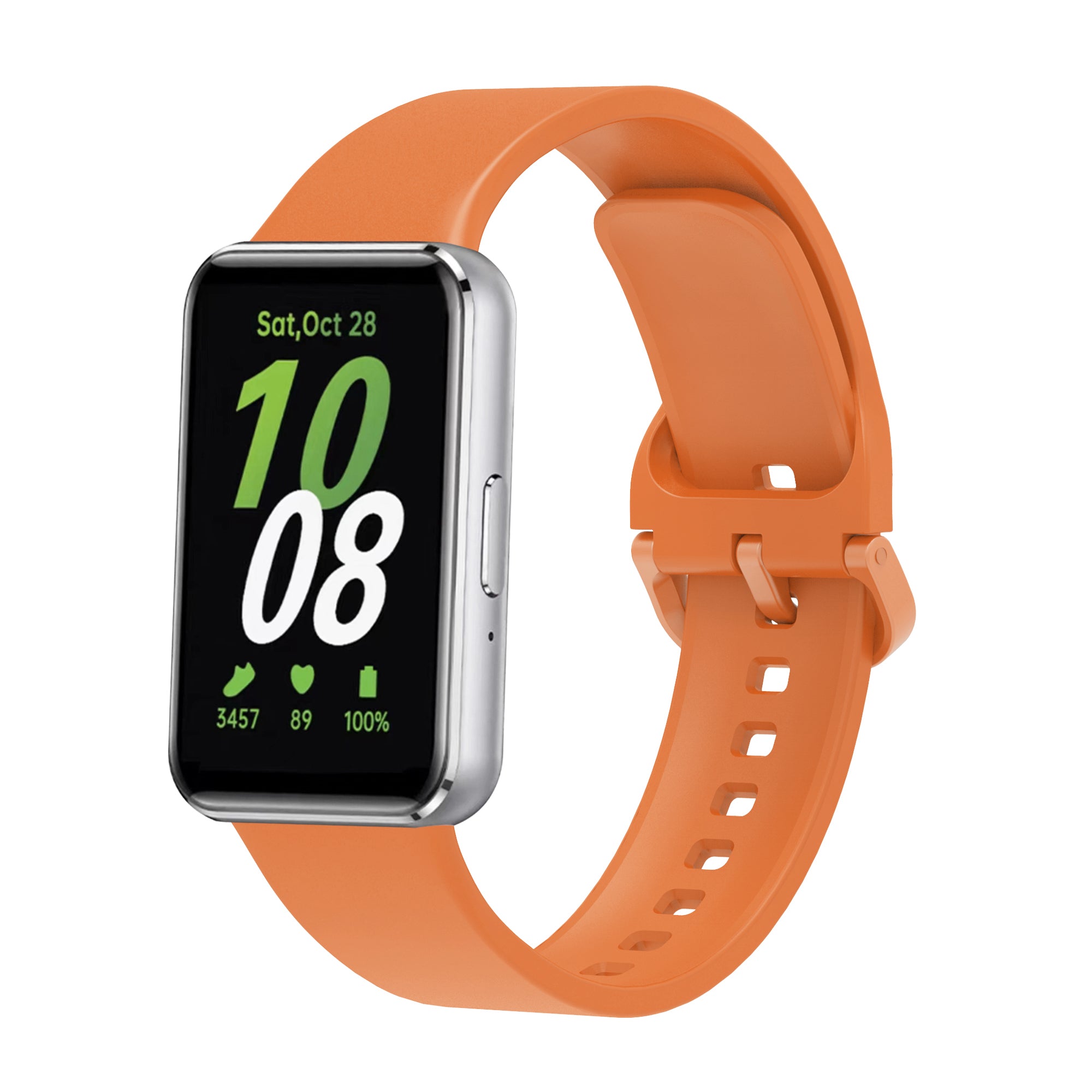 Orange silicone smartwatch band with rectangular display showing time, date, steps, heart rate and battery percentage