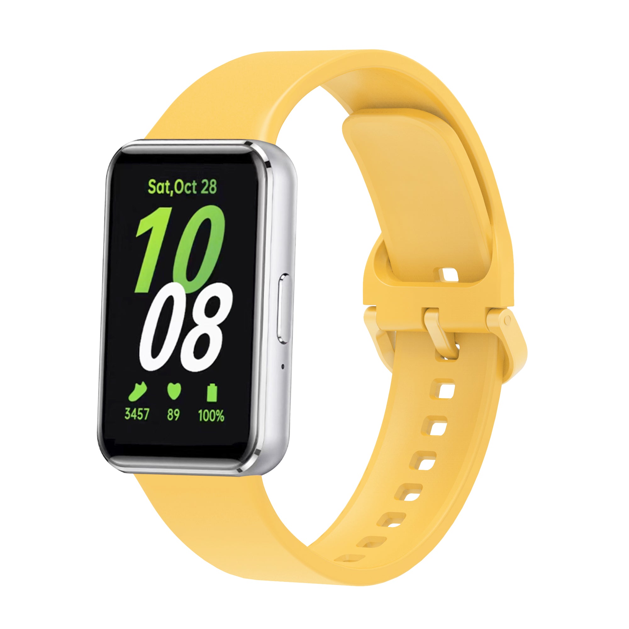 Yellow silicone smartwatch band with silver buckle for Galaxy Fit3, showing time and fitness metrics on display