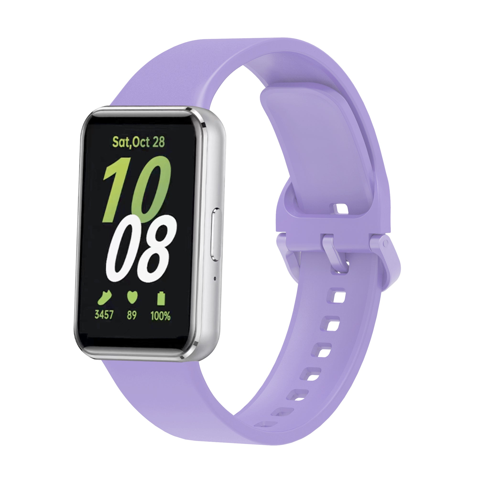 Samsung Galaxy Fit3 smartwatch with lavender purple silicone band and silver case displaying fitness stats