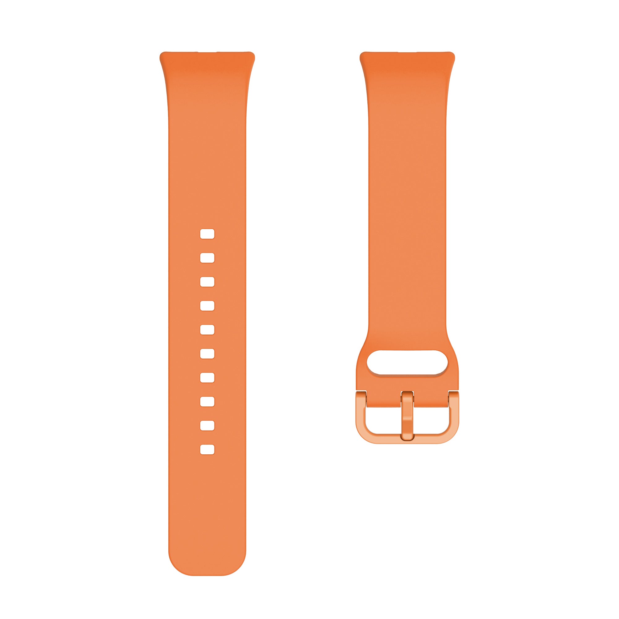 Orange silicone smartwatch band with flexible strap and adjustable buckle clasp closure