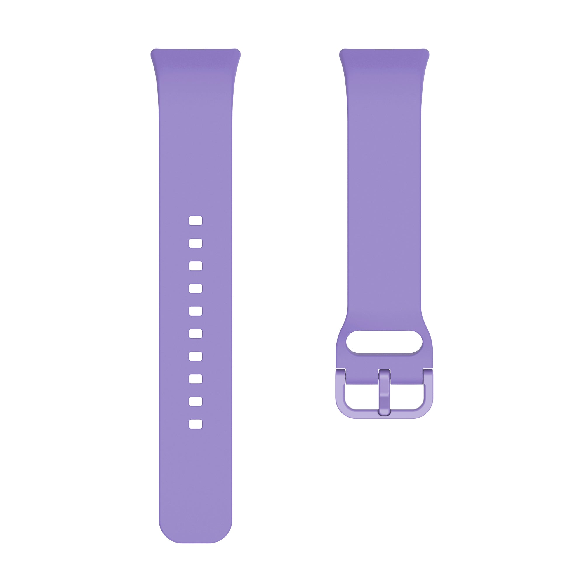 Purple silicone smartwatch band with adjustable buckle closure and perforated holes for Galaxy Fit3