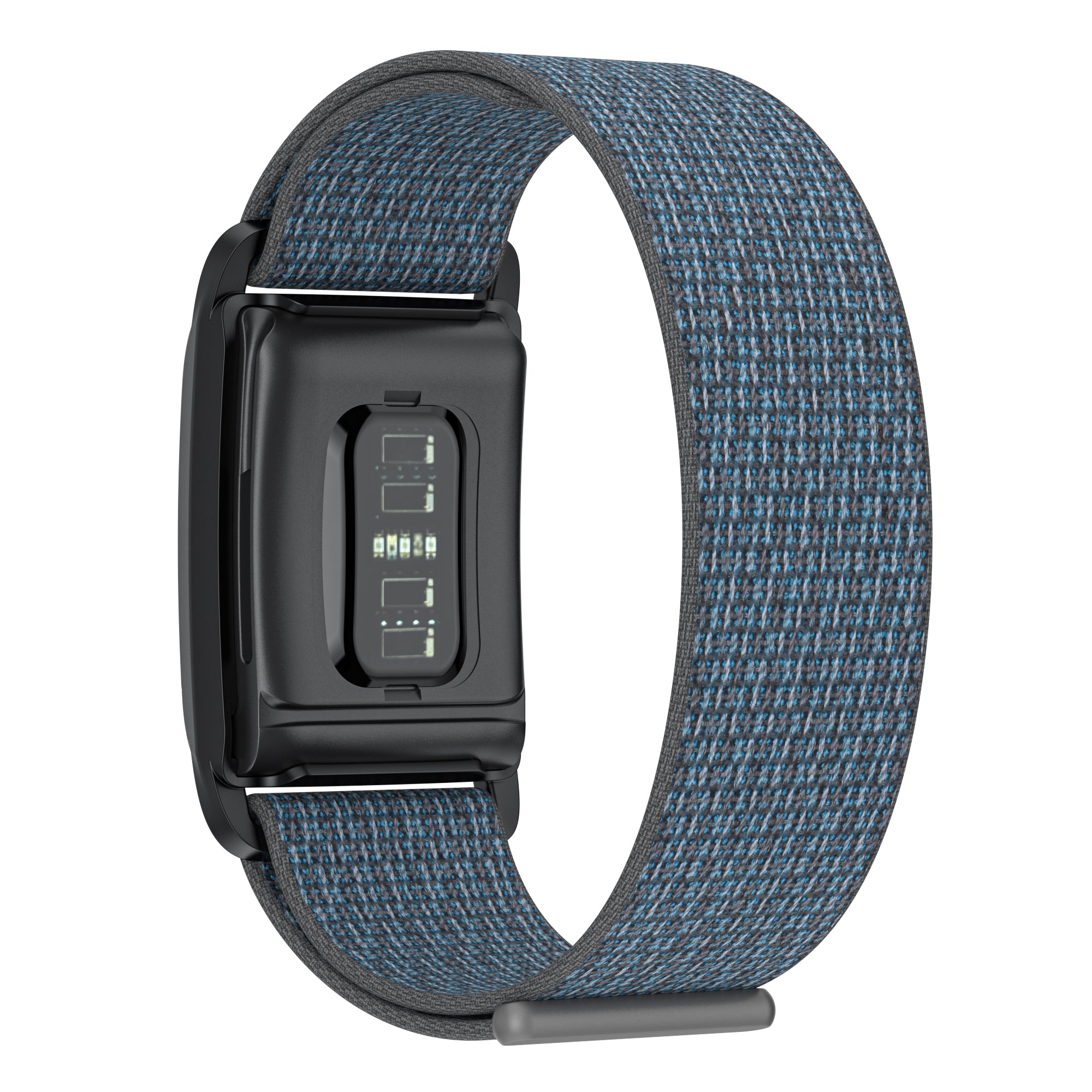 Whoop 4 fitness tracker with blue and gray sports loop band and black clasp closure