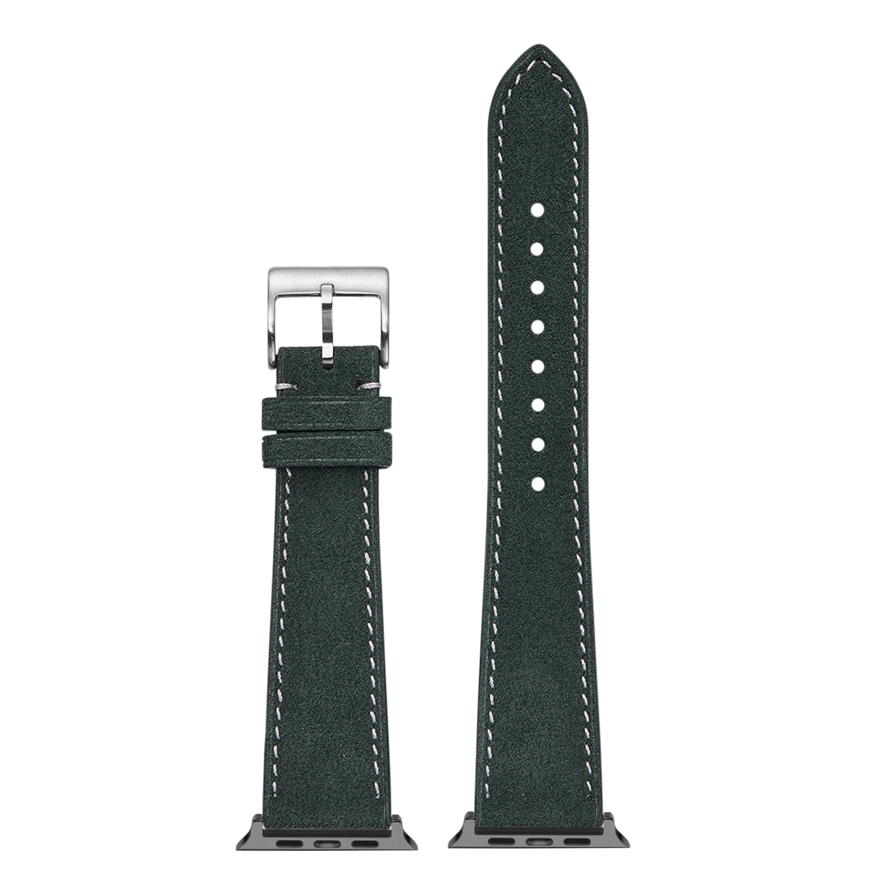 Dark green Alcantara leather Apple Watch band with white stitching and silver buckle connector hardware