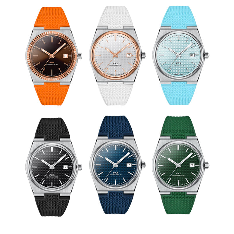 Six Tissot PRX stainless steel watches with colorful FKM rubber straps in orange, white, cyan, black, navy, and green