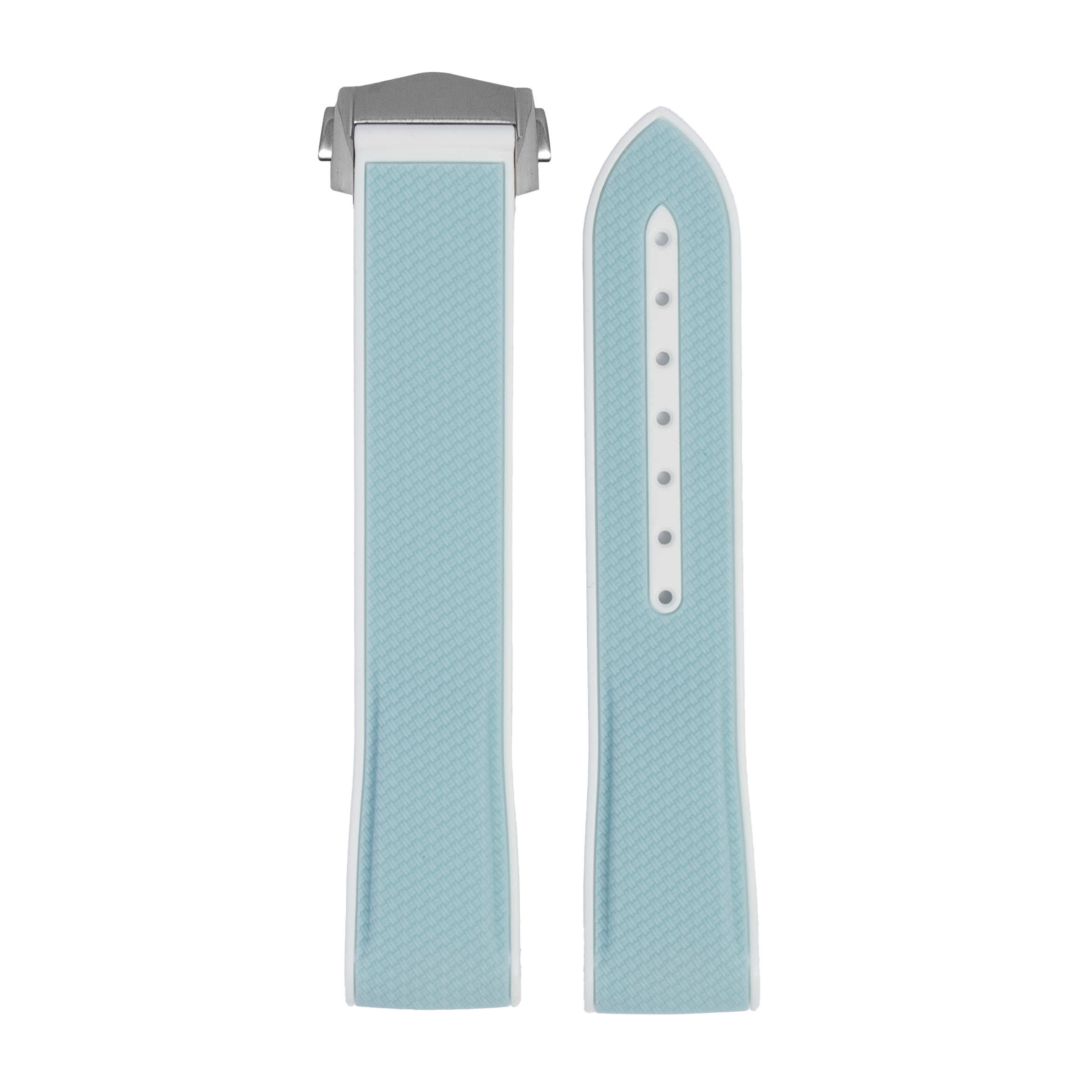 Light blue textured hybrid watch strap with white trim and gray stainless steel clasp, showing front and back views