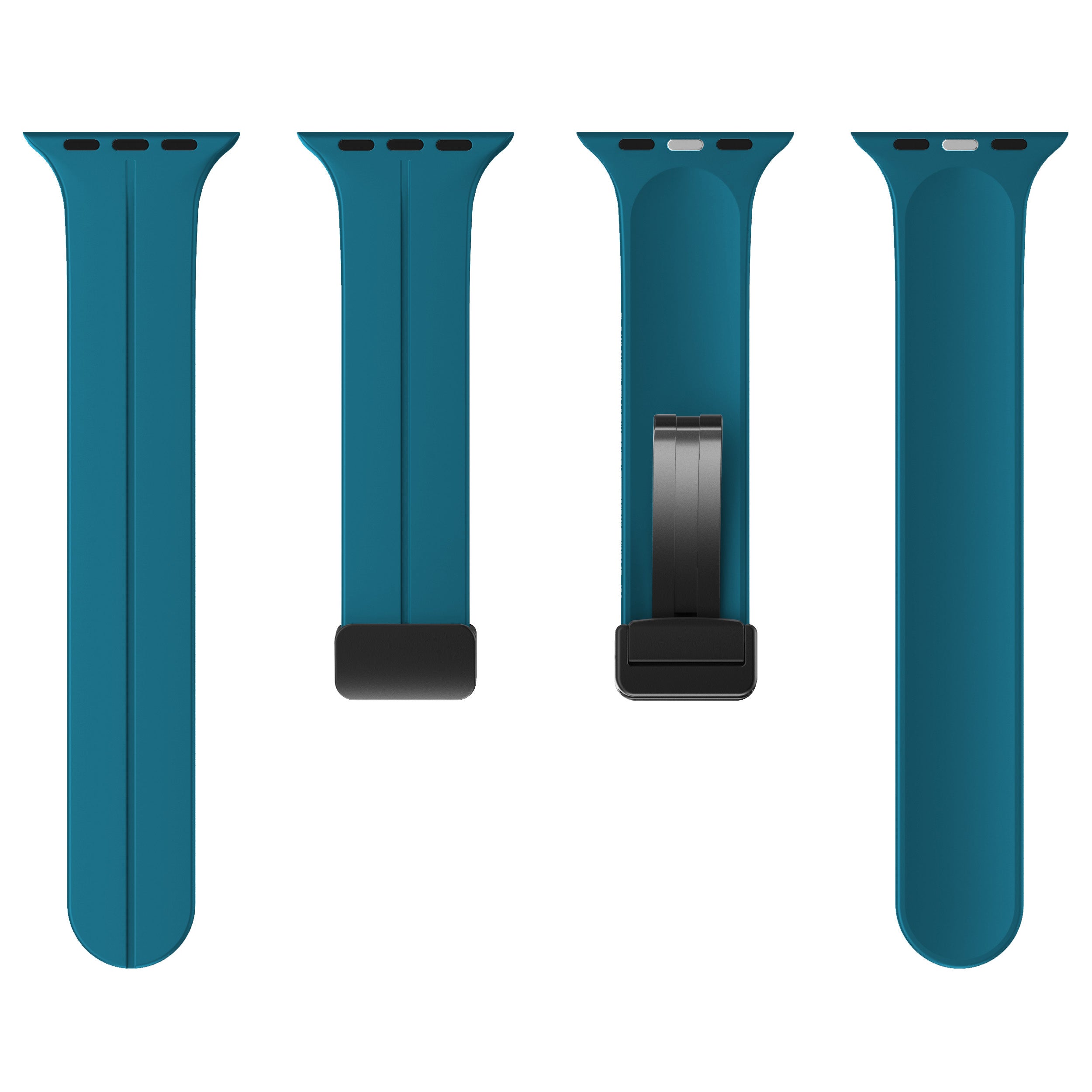 Teal silicone Apple Watch band with magnetic deployant clasp shown in four views with connector and clasp details