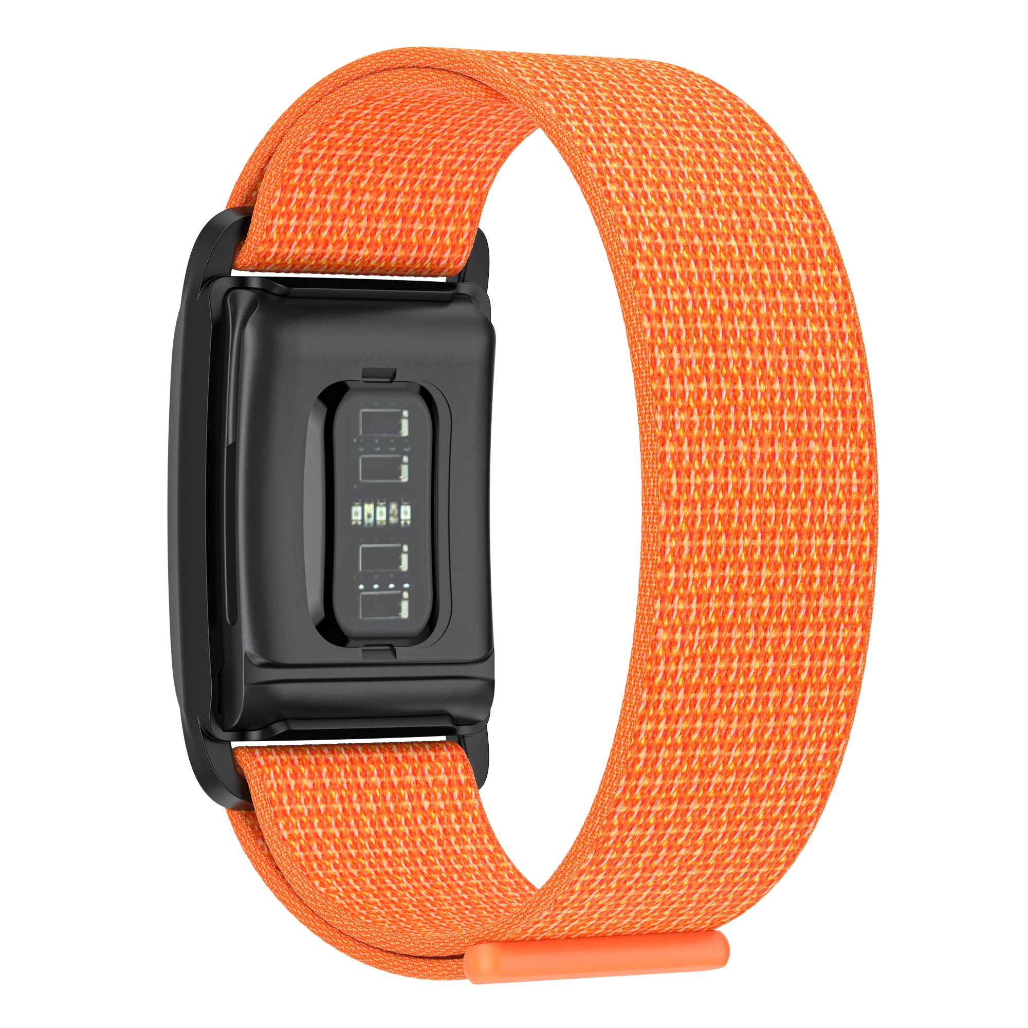 WHOOP 4 fitness tracker with orange woven sports loop band and black case showing battery indicator display