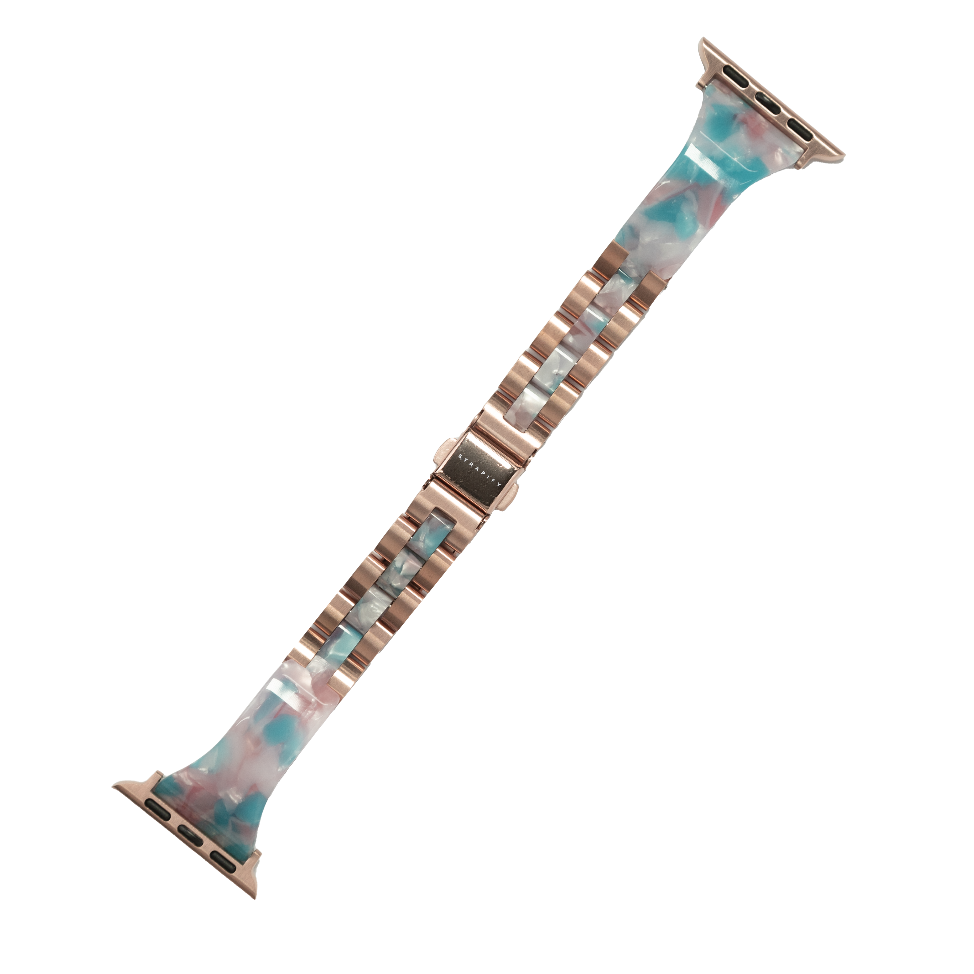 Acetate bangle Apple Watch band in blue pearl with rose gold stainless steel connector and clasp