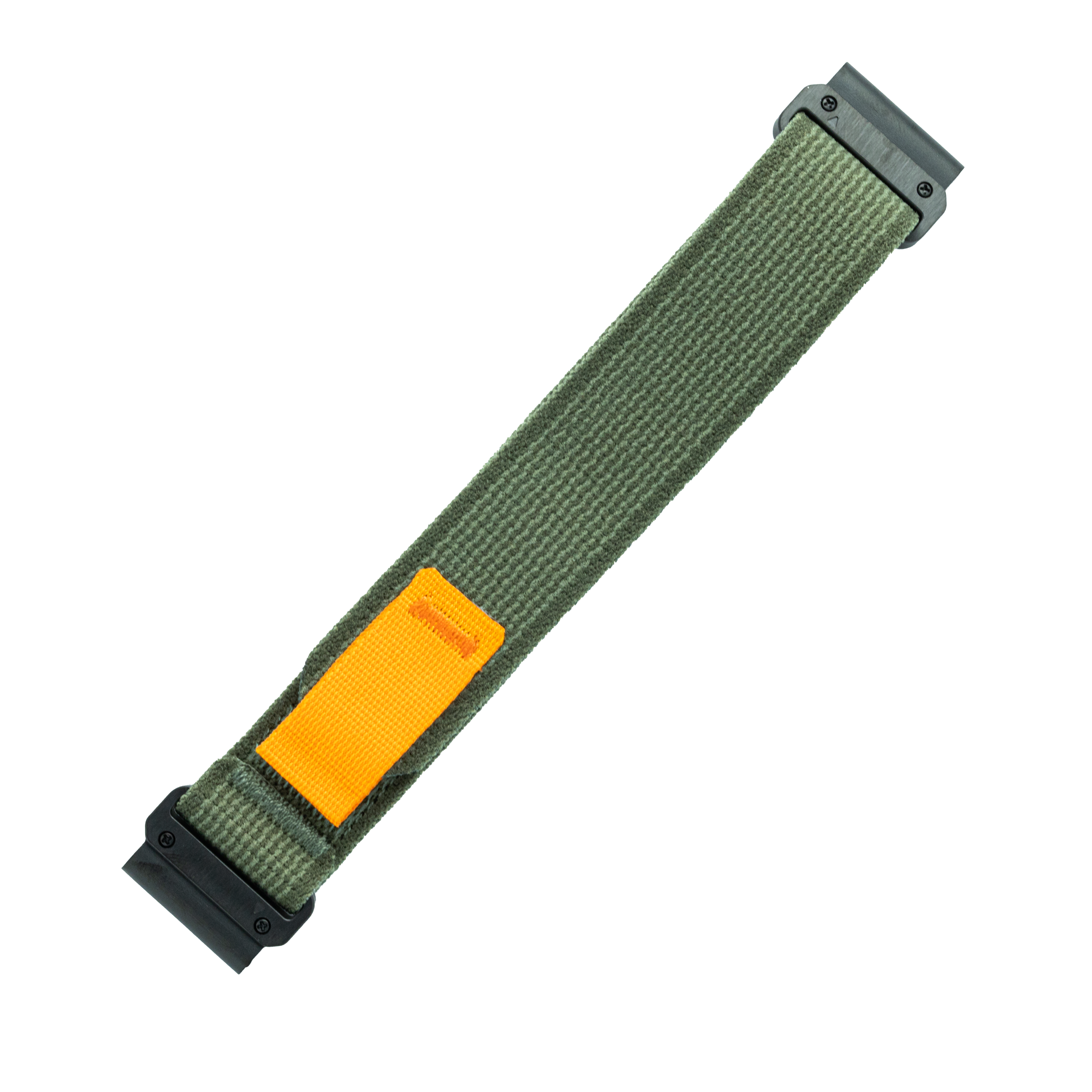 Green canvas tactical belt with yellow label patch and black plastic buckle ends