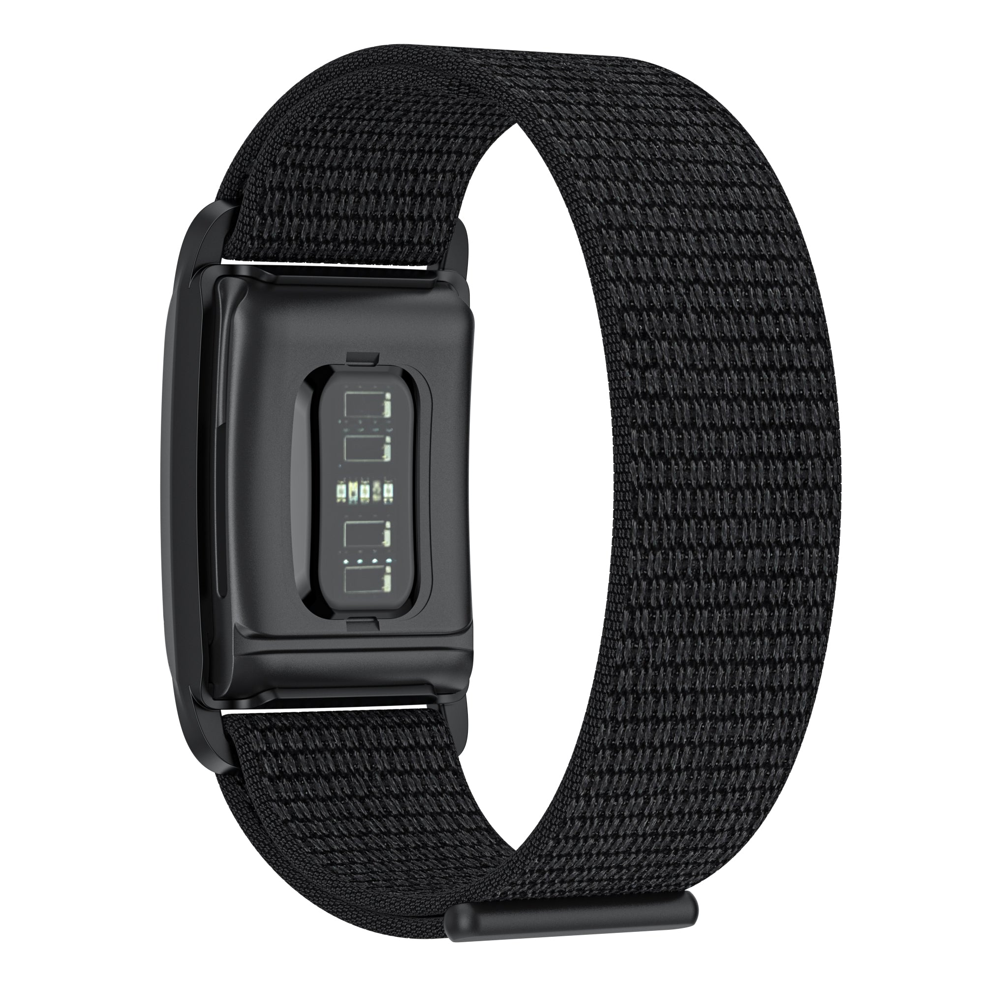 Black fabric sports loop band for fitness tracker with LED battery indicator display and secure closure mechanism