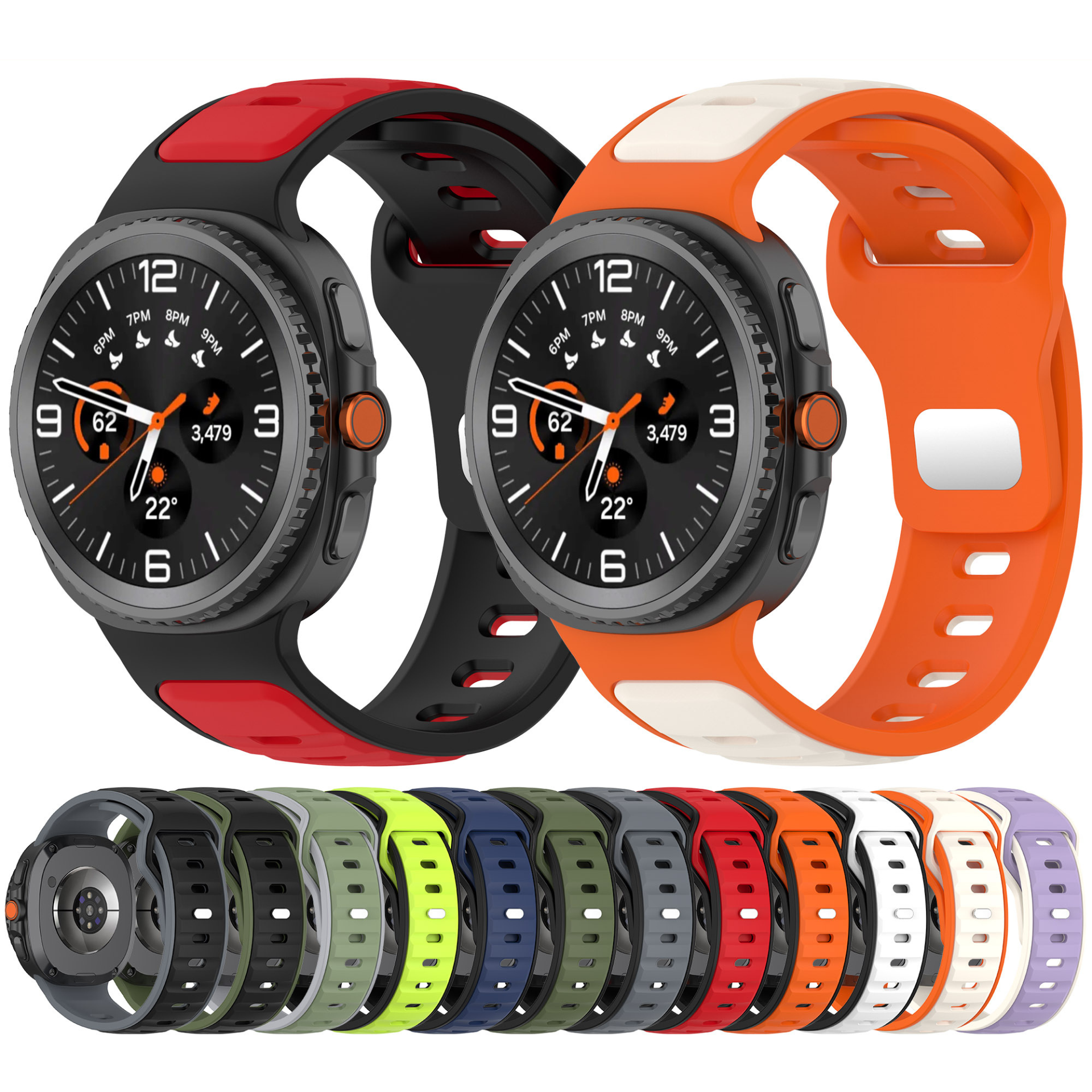 Galaxy Watch 6 Classic smartwatch with interchangeable red and orange silicone sport bands in multiple color options