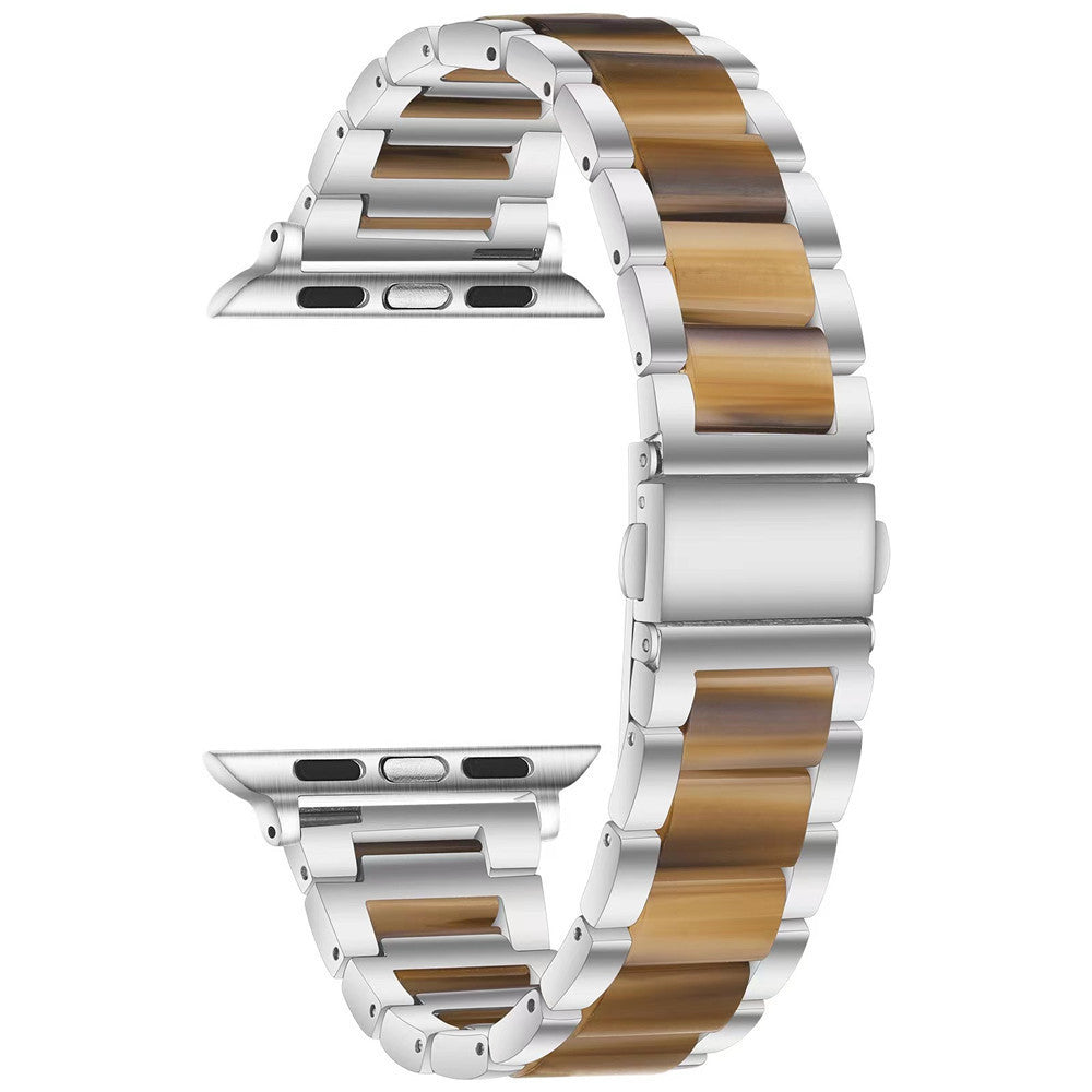 Two-tone stainless steel and pearlescent resin apple watch bands with connector lugs for secure fastening