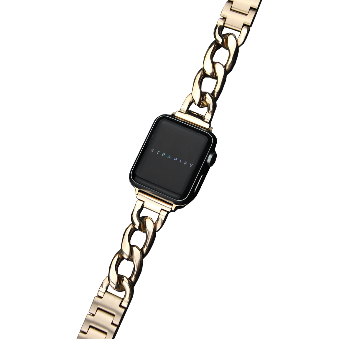Gold chain link bracelet for Galaxy Watch with chunky curb design and square smartwatch face display