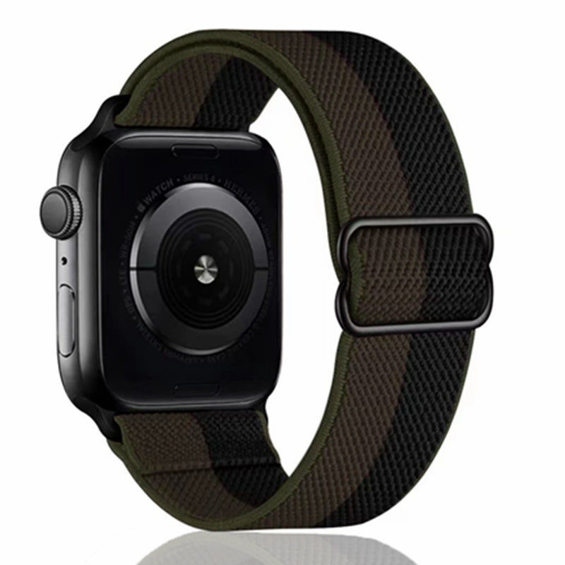 Black Apple Watch with olive green woven elastic loop band, adjustable closure strap visible