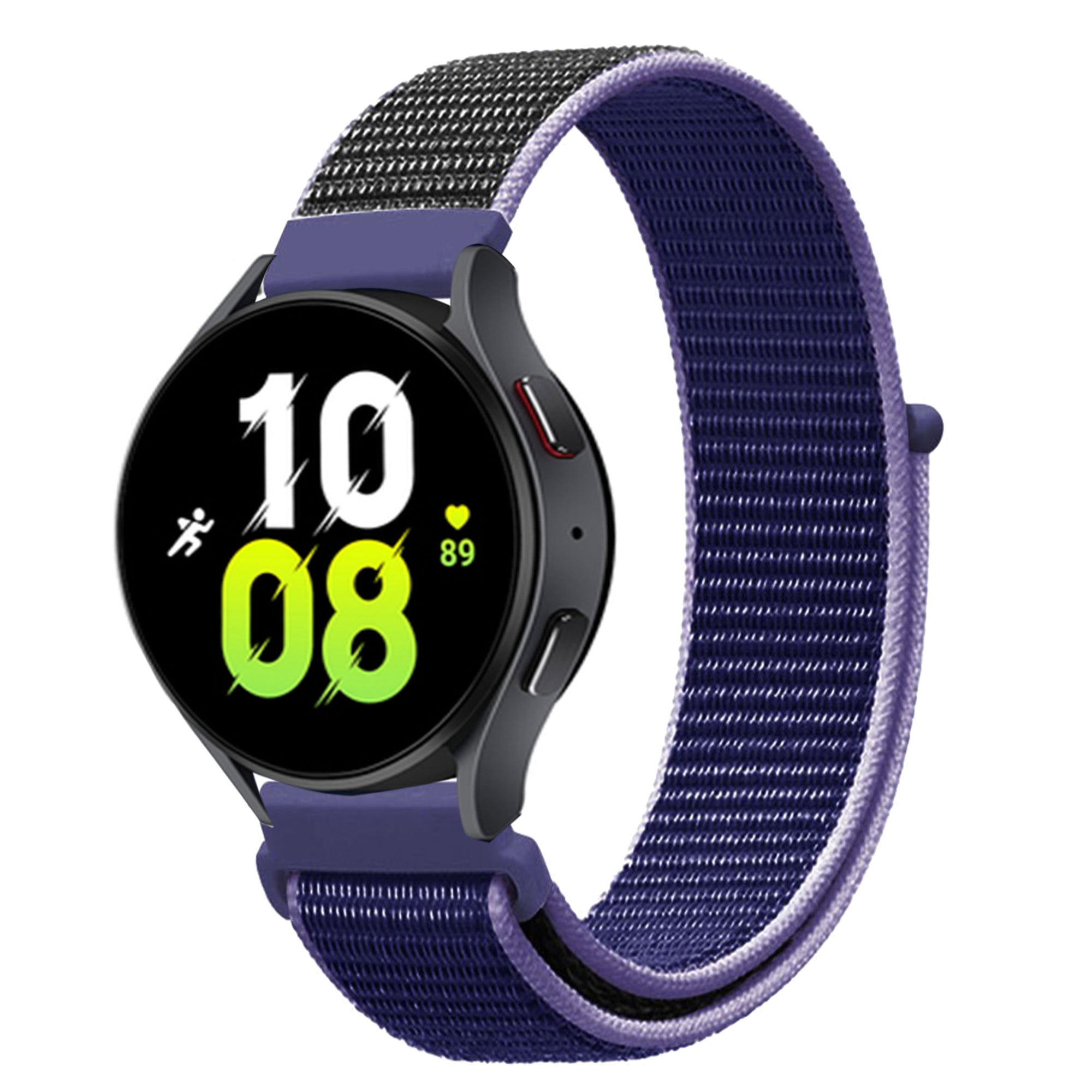 Purple and black velcro sports loop watch band with quick release mechanism for 18mm smartwatch, shown on device with digital display
