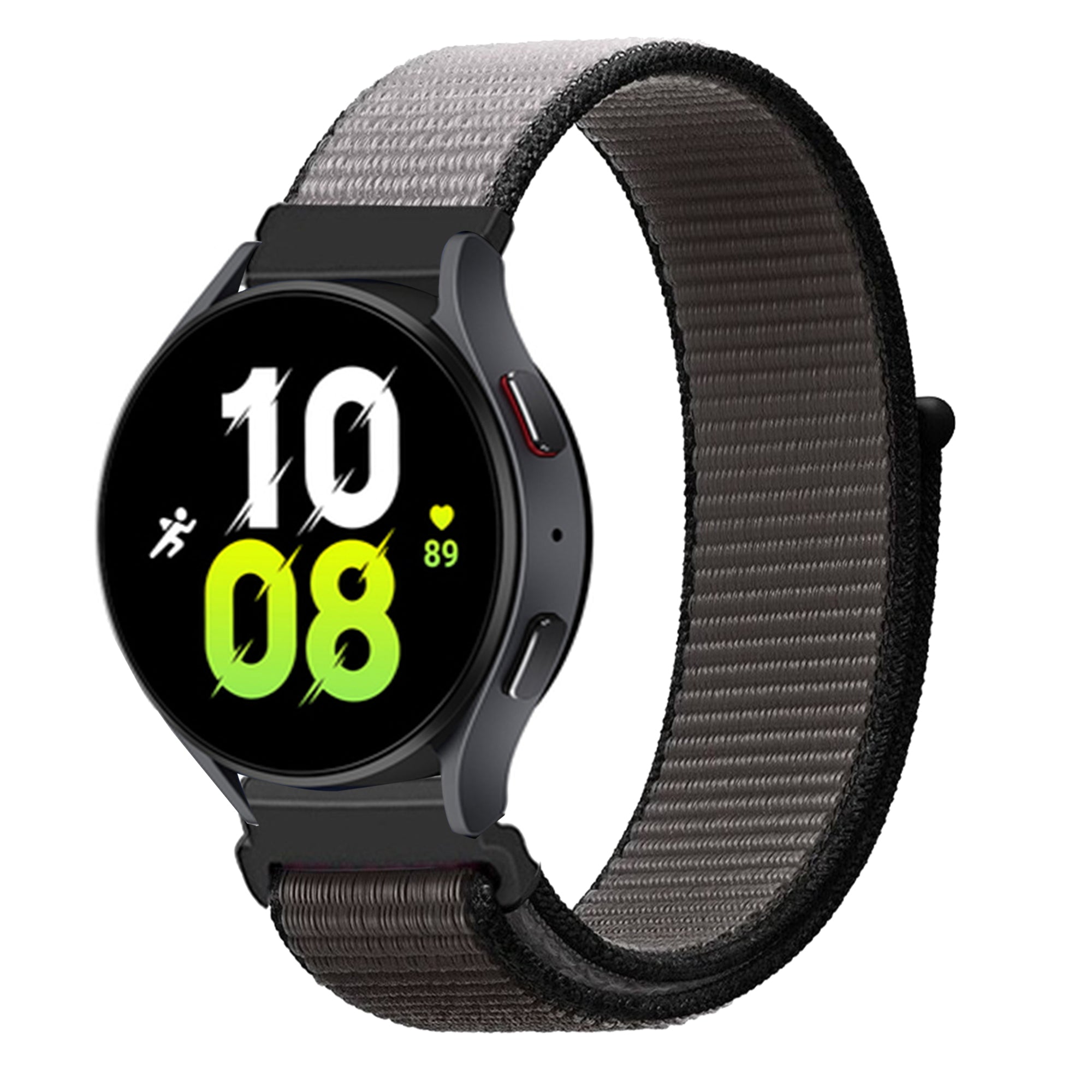Black smartwatch with neon green digital display and quick release sports loop velcro strap