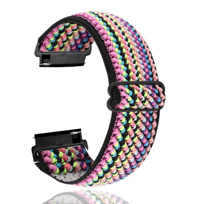 Colorful mermaid scale pattern elastic watch band with quick release connectors and black woven trim