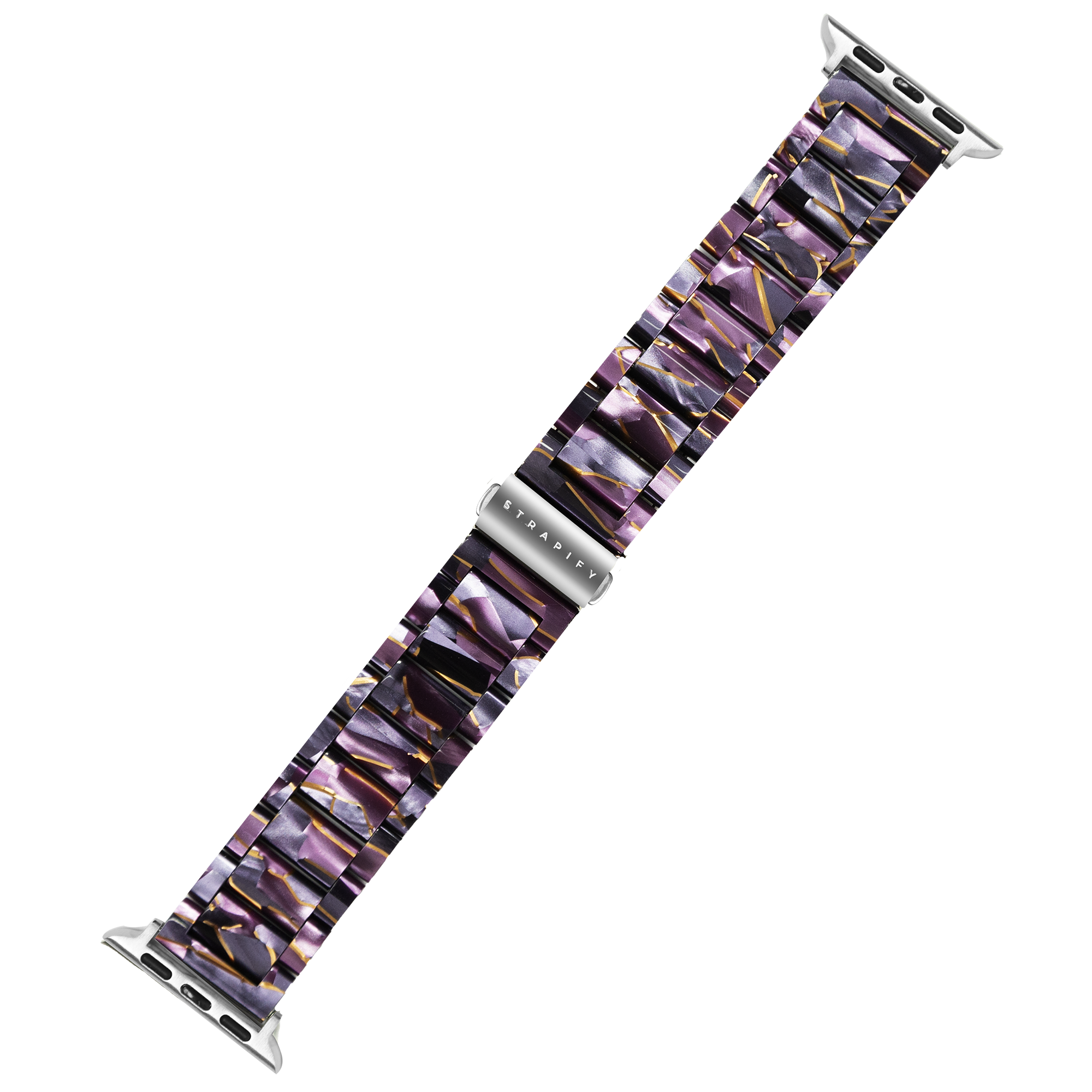 Purple resin acetate Apple Watch band with gold geometric patterns and silver metal connectors