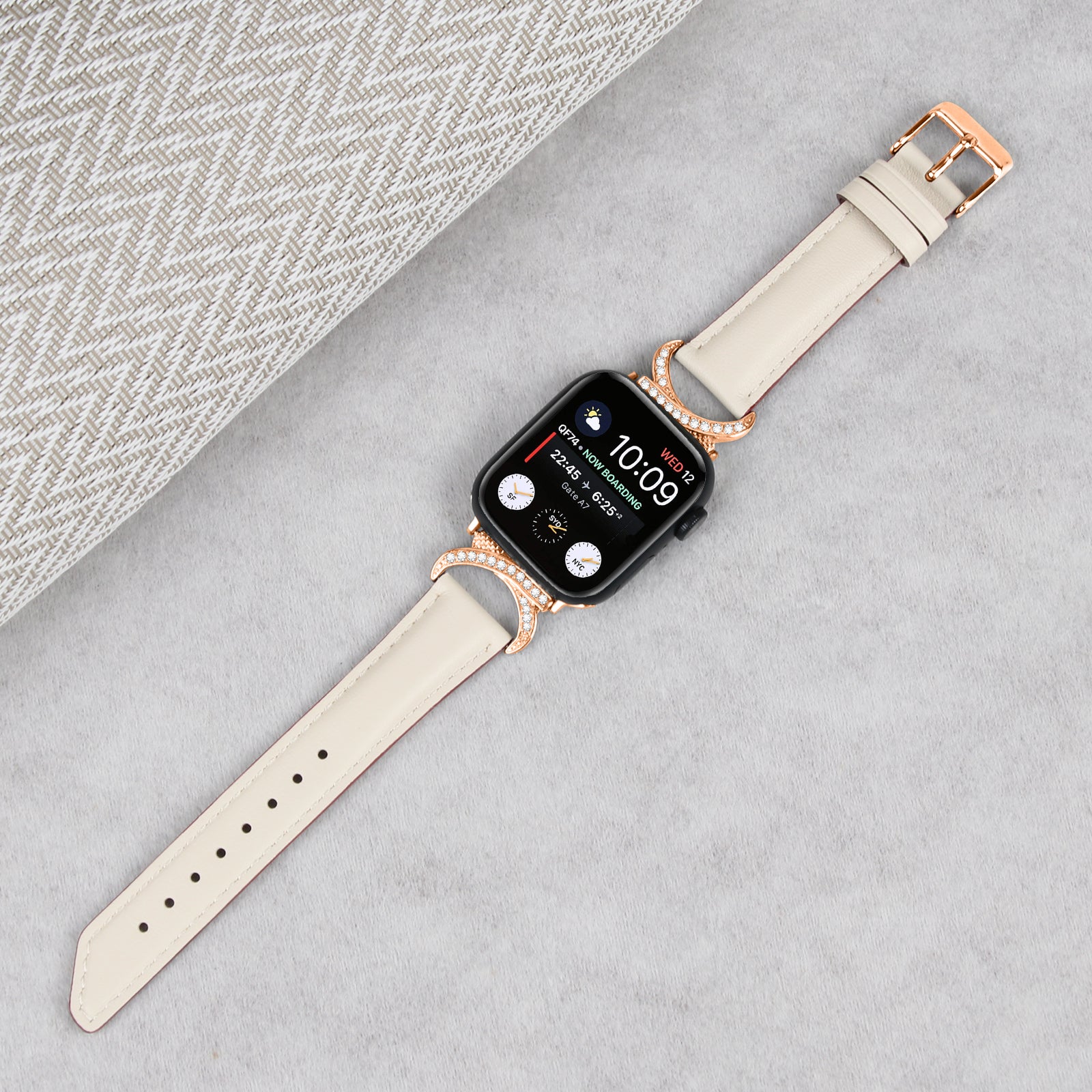 Rose gold diamond smartwatch band with cream leather strap and rose gold buckle for Apple Watch