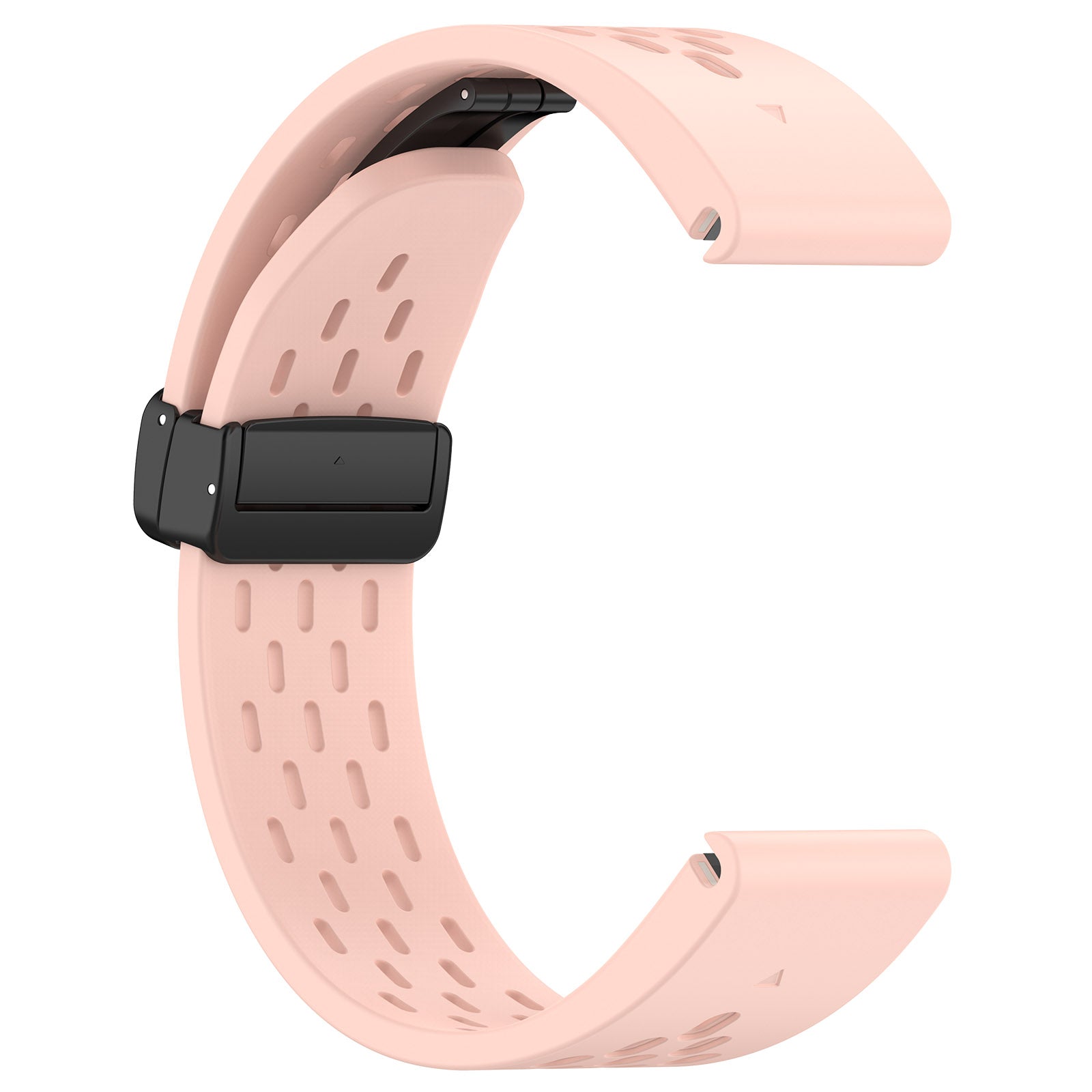Blush pink silicone smartwatch band with perforated design and black magnetic clasp closure